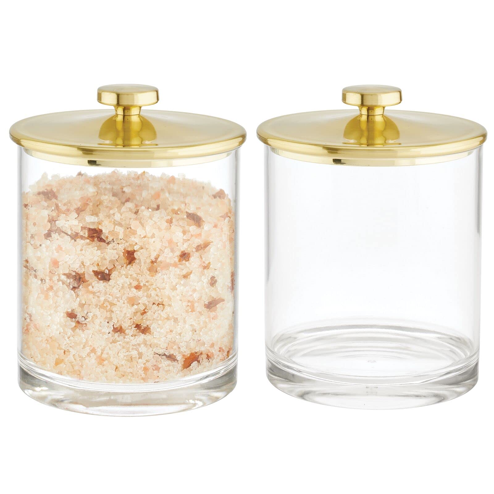 mDesign Medium Modern Apothecary Storage Organizer Canister Jars - 2 Pack Clear Acrylic Containers with Soft Brass Lid for Bathroom Vanity, Makeup Table & Countertop Organization | Lumiere Collection | Perfect for Cotton Balls, Q-Tips & Beauty Essentials