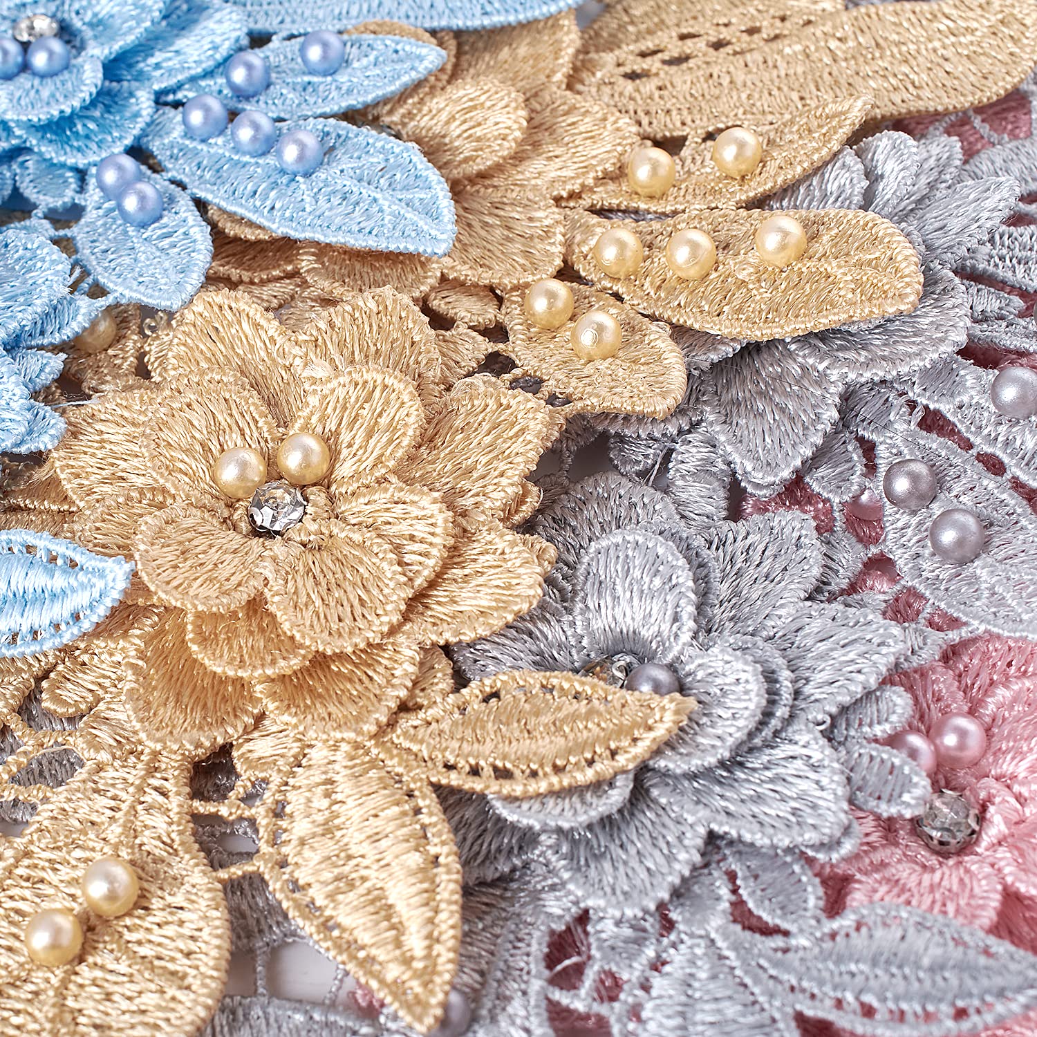 3D Lace Applique Floral Beaded Rhinestone Patch - Silver Sew-on Embroidery Motif for Wedding Dresses, Veils & Bridal Gowns - Perfect for DIY Dress Decoration, Costume Embellishment and Fabric Crafting