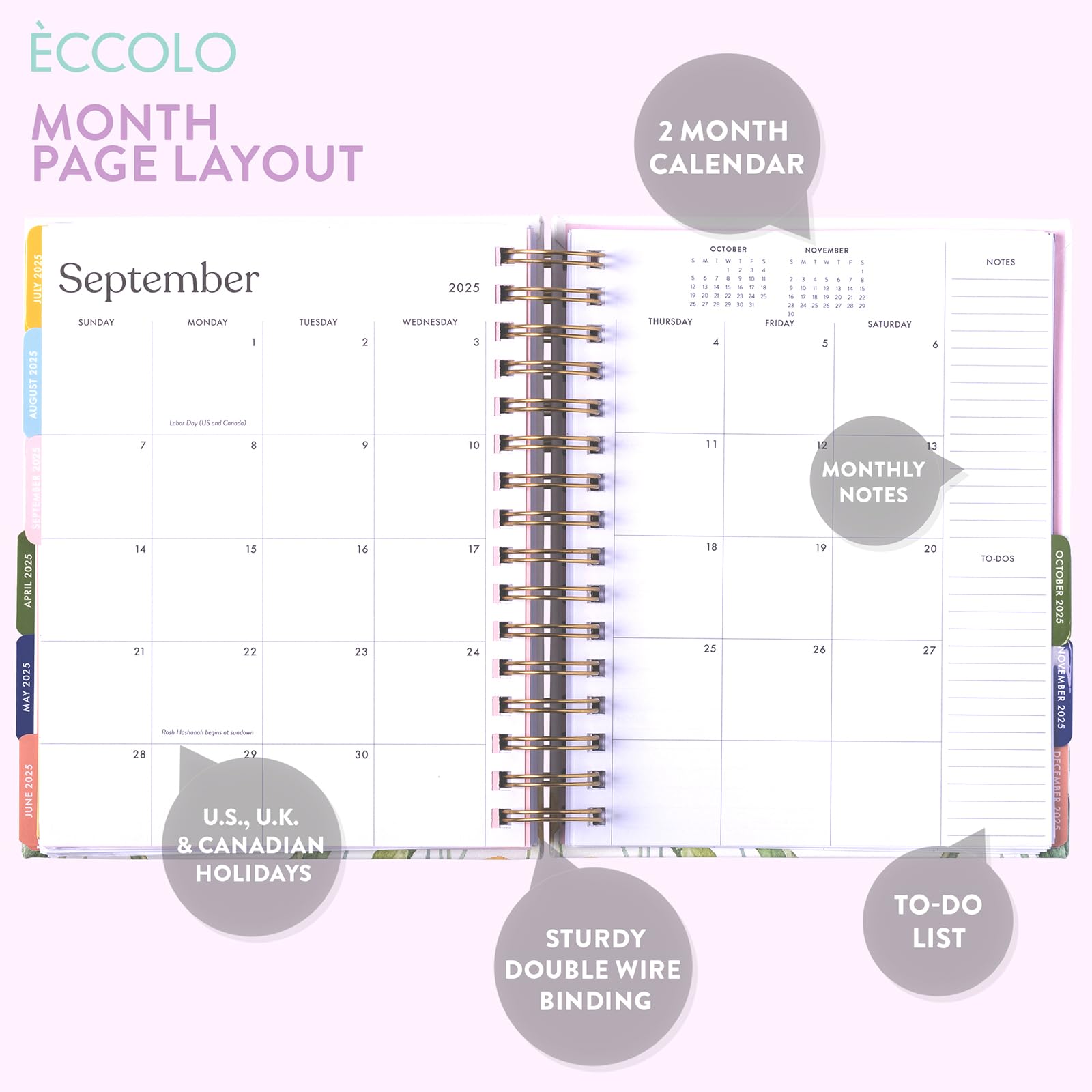 2024-2025 Eccolo Spiral Planner - 18-Month Weekly & Monthly Agenda with Floral Design, Stickers & Inspirational Quotes (7.75