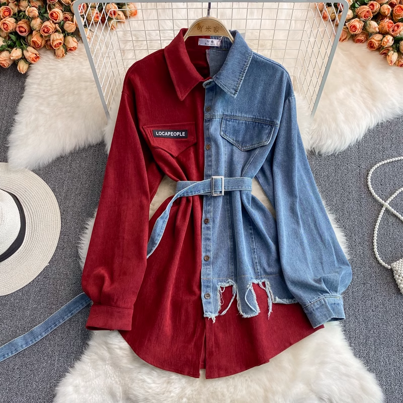 Korean Style Denim Stitching Dress - Mid Length Irregular Hem Shirt for Women | Fall Winter Fashion | Perfect for Casual Outings, Office Wear & Date Nights