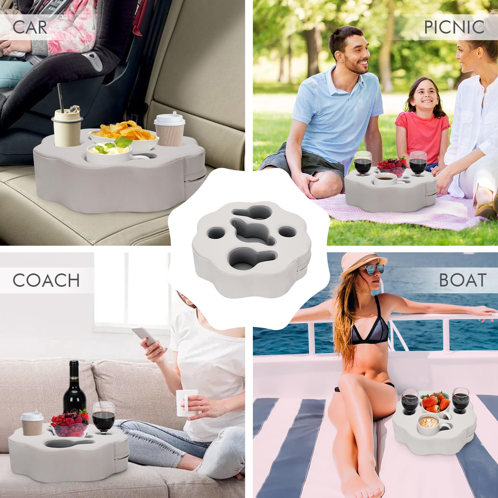 PU Grey Couch Cup Holder Pillow - Sofa Drink Holder for Drinks, Remotes, Phones & Snacks | Multi-Use Caddy for Bed, Car, Picnic, Beach & RV | Perfect for Home, Travel & Outdoor Relaxation