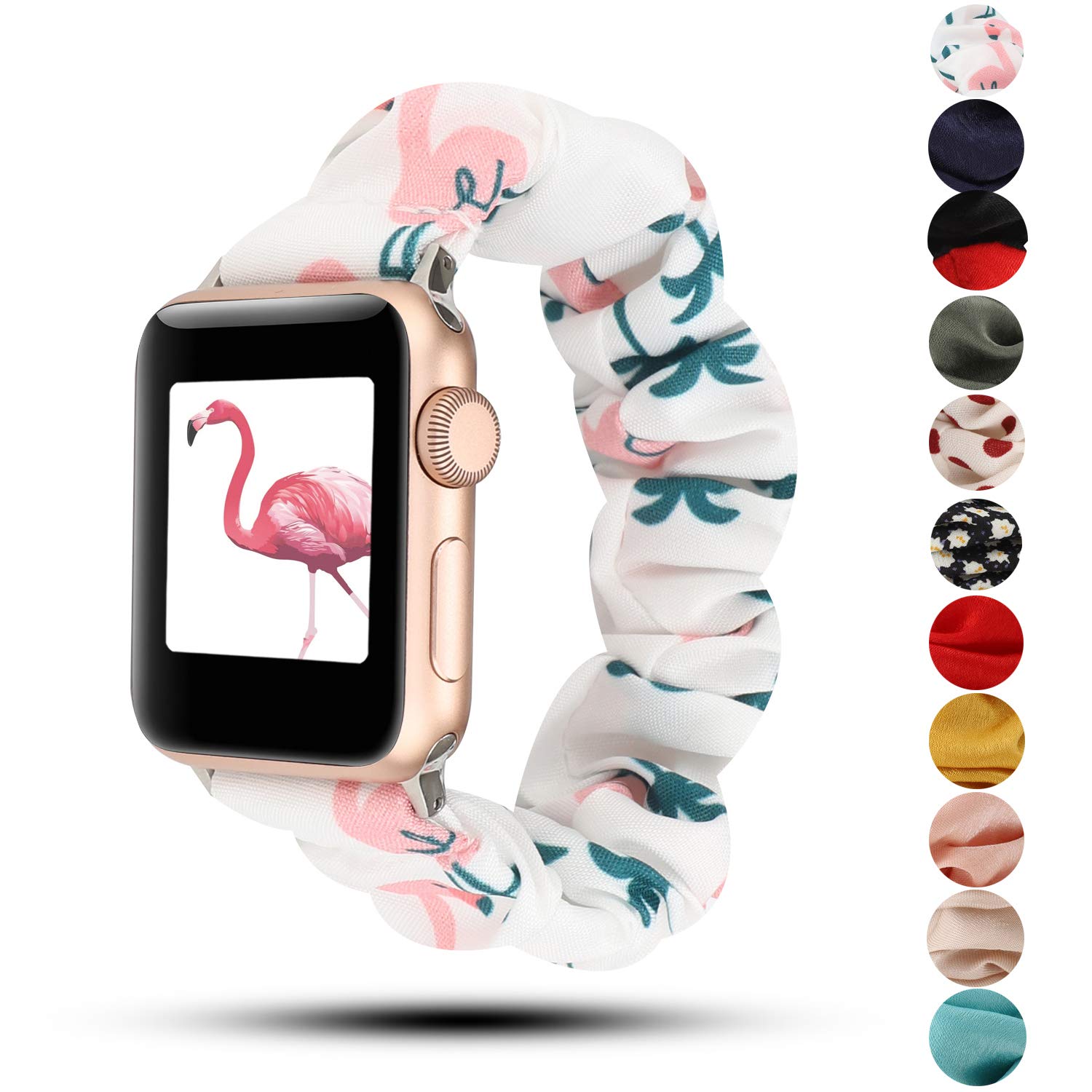 Women's Printed Scrunchie Apple Watch Bands 42mm 44mm 45mm - Floral Pattern Replacement Wristbands Compatible with iWatch Series SE 7 6 5 4 3 2 1 (Flaminggo Design) - Perfect for Workouts, Yoga & Everyday Fashion Accessory