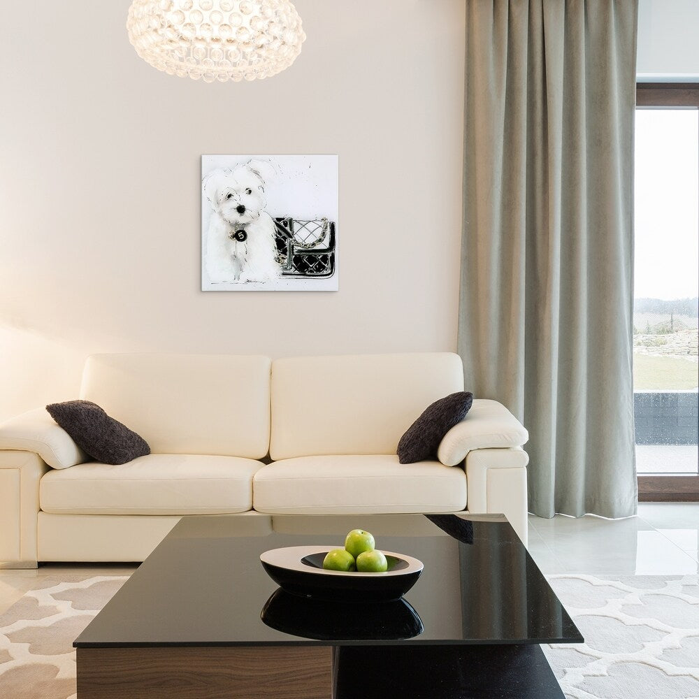 Black and White Dog Wall Art - Frameless Floating Tempered Glass Canvas Print - Perfect for Living Room, Bedroom, or Pet Lover's Home Decor