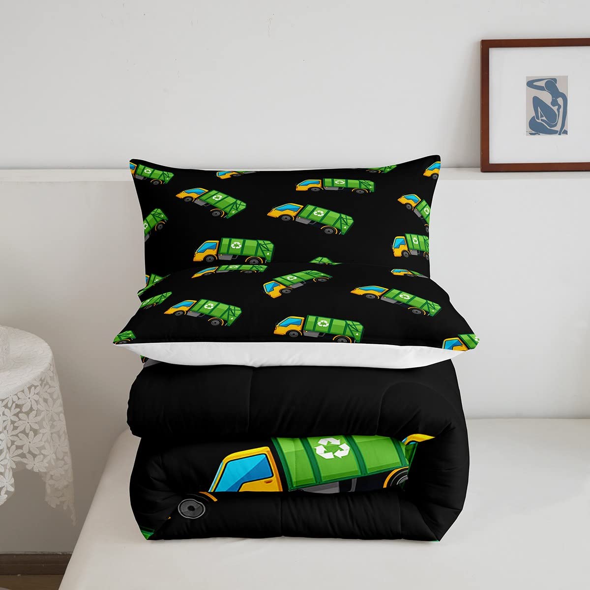 **Castle Fairy Garbage Truck Toy Comforter Set - Twin Size Kids Bedding with Pillowcase, Down Alternative Duvet Cover | Waste Management & Recycling Themed Cartoon Design | Perfect for Birthday Gifts, Kids' Room Decor, and Playtime Comfort**