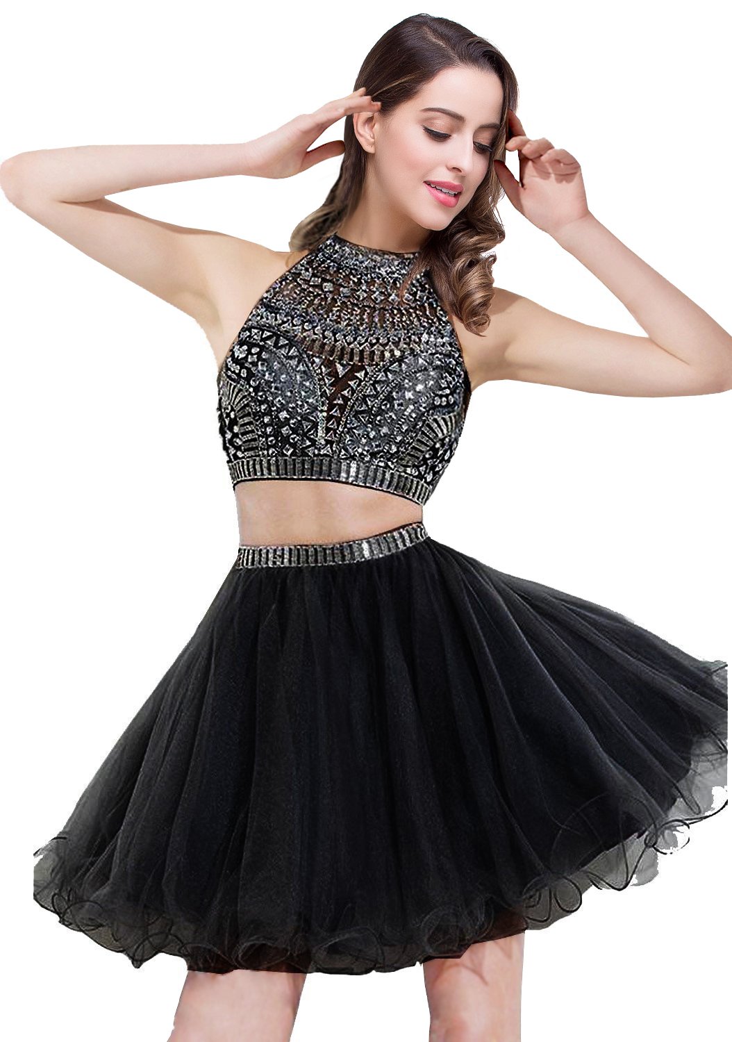 Elegant Women's Tulle Crystal Beaded Prom Dress - Short Ball Gown Two Piece Set for Homecoming, Party & Special Occasions