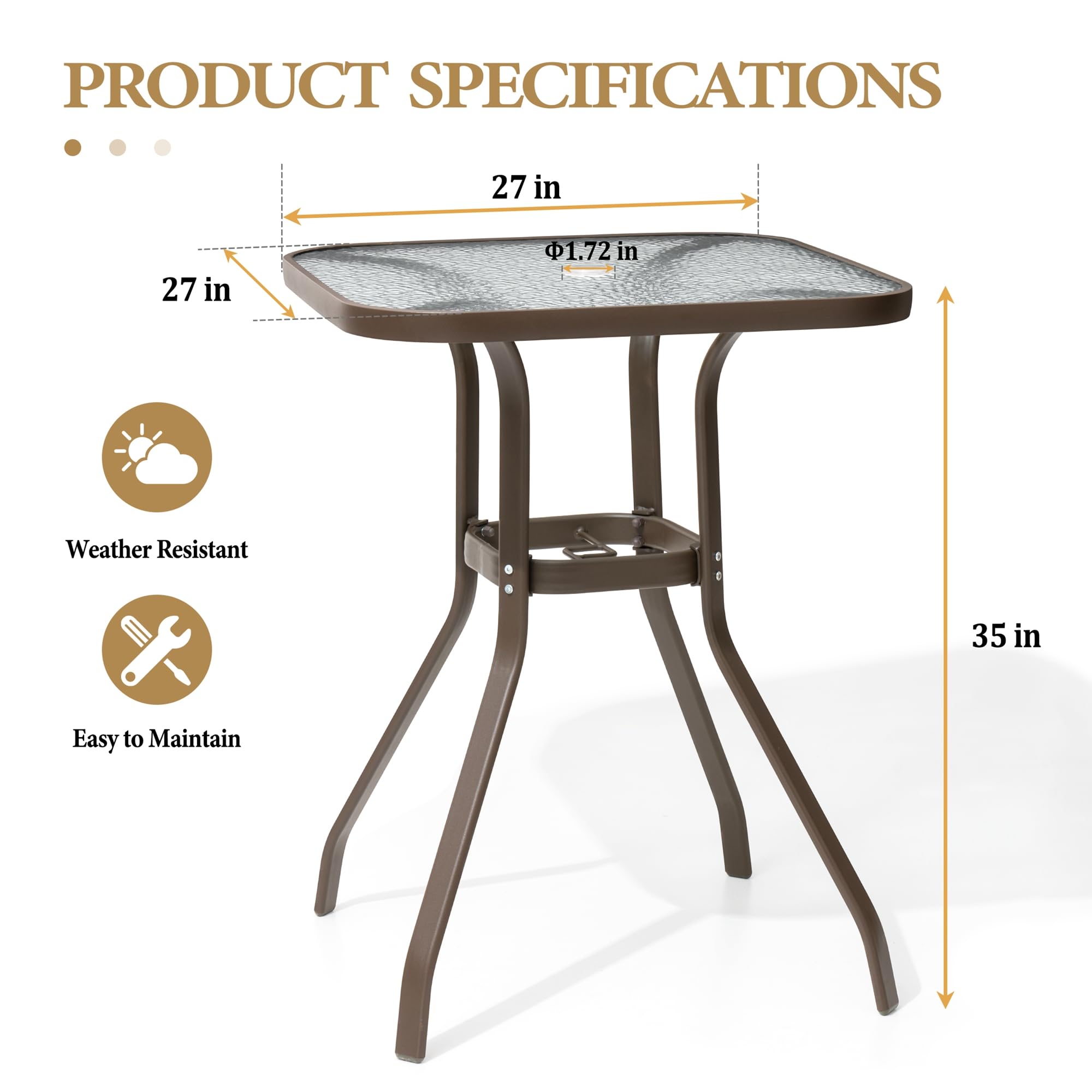 Crestlive Outdoor Bar Table with Umbrella Hole - Aluminum Frame & Tempered Glass Top Patio Dining Bistro Table - Durable Garden, Poolside, Deck, Lawn Furniture for Outdoor Entertaining (Brown)