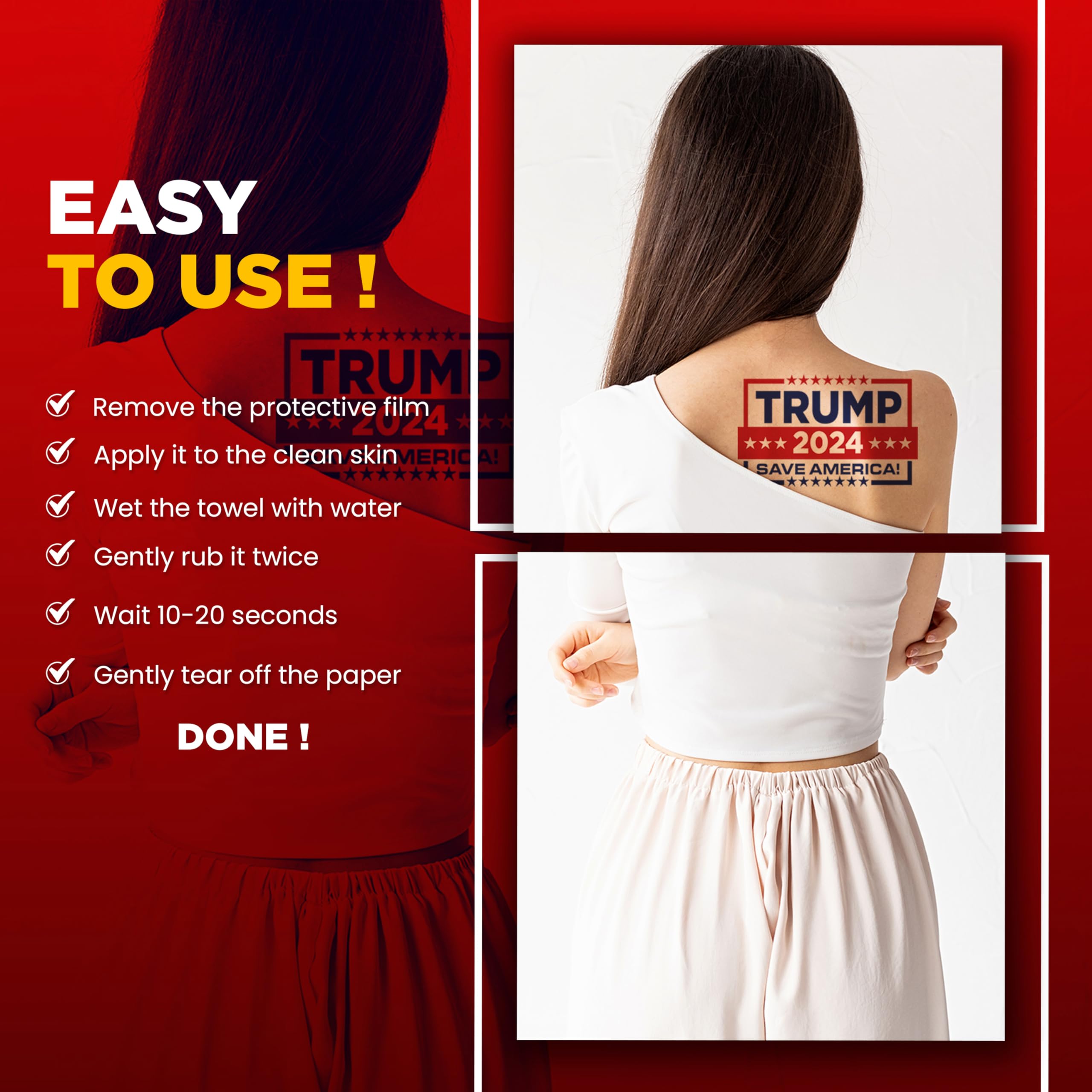 Trump 2024 Save America Temporary Tattoos (4 Pack) - Patriotic Skin Decals for Men & Women - Show Your Support for 2024 Election - Perfect for Rallies, Parties & Political Events