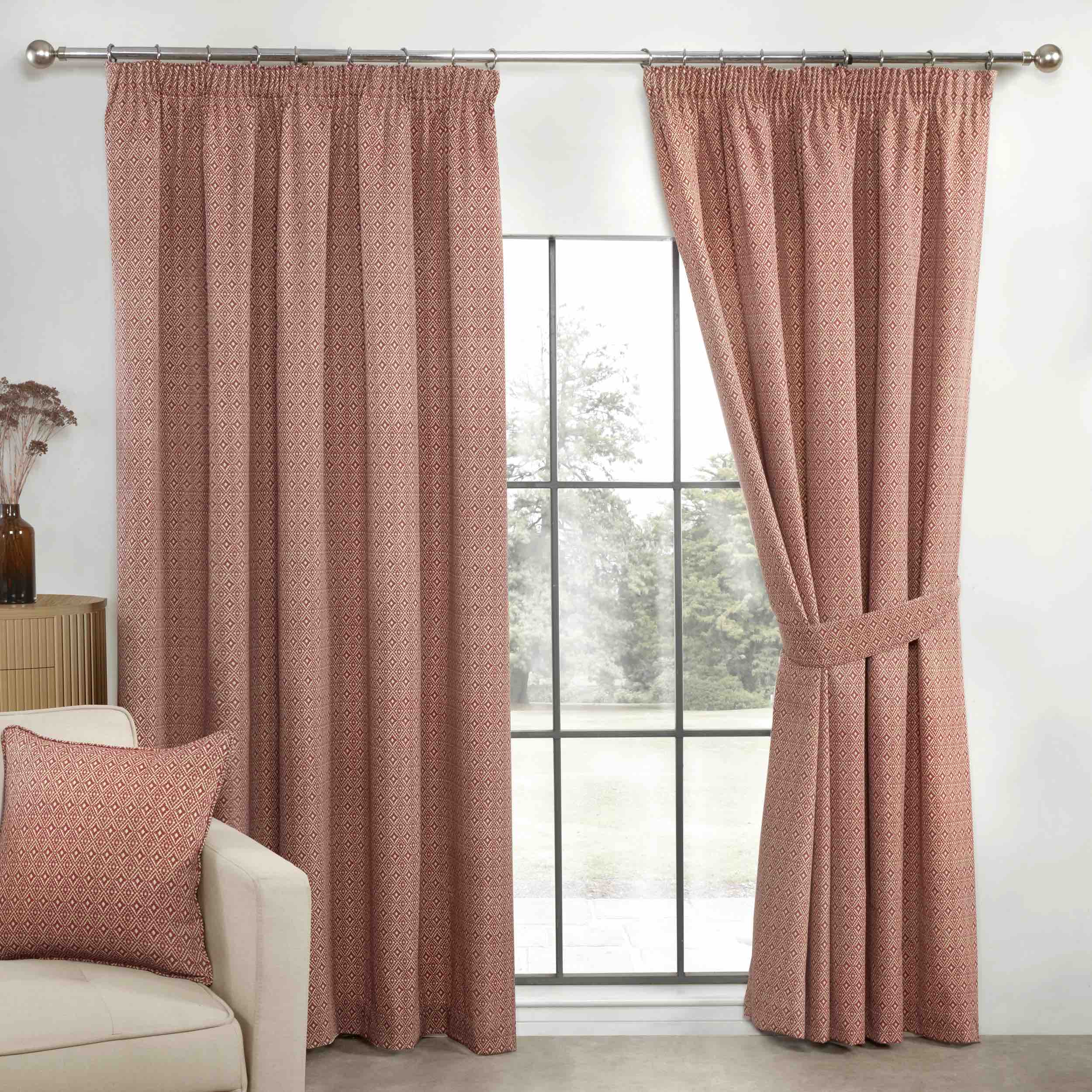 Sundour Aztec 3 Pencil Pleat Curtains - 100% Blackout Thermal Insulated Window Drapes for Living Room & Bedroom - Salsa Red Ethnic Pattern (Set of 2 Panels, 54x84 Inches) - Perfect for Home Decor & Noise Reduction