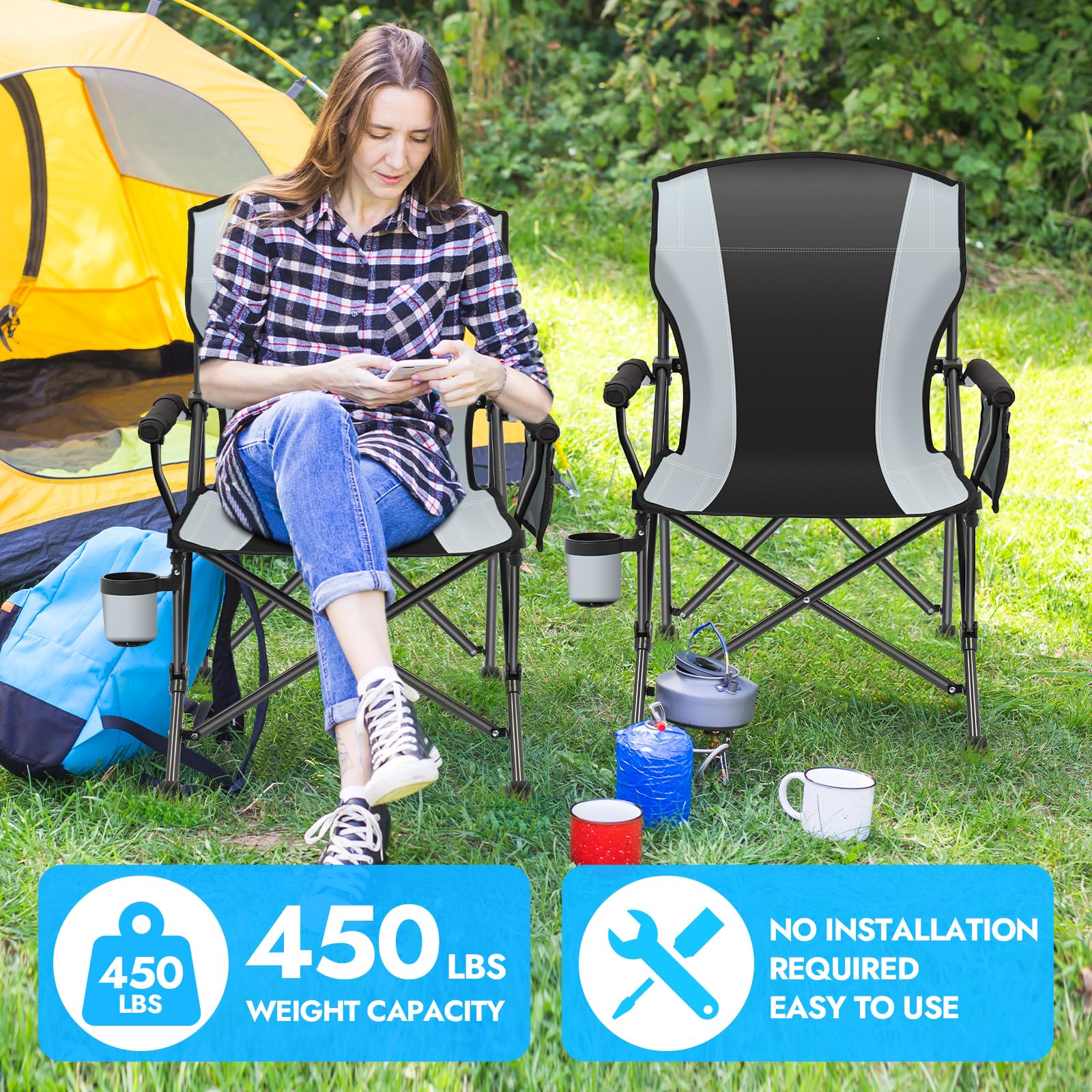 2 Pack Heavy Duty Oversized Folding Camping Chairs for Adults - 450 lbs Weight Capacity, Portable Lawn Chairs with Side Pockets for Outdoor Camping, Beach, Fishing, Picnic & Hiking - Perfect for Backyard BBQs, Tailgating and Concert Events