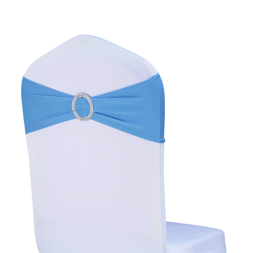 100 Stretch Sky Blue Wedding Chair Sashes - Elastic Lycra Chair Bands with Buckle Slider for Party Decorations, Banquet, Bridal Shower & Reception (Sky Blue) - Perfect for Chair Decor, Table Settings & Event Styling