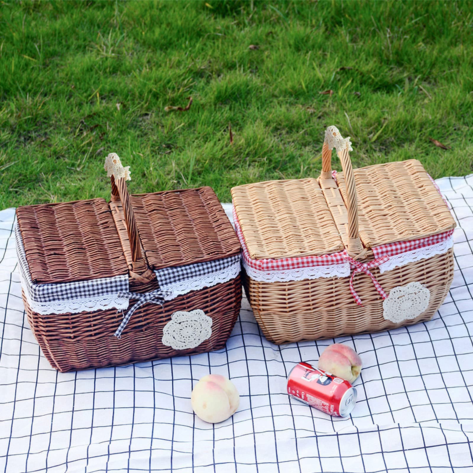 Handmade Willow Wicker Basket with Double Lids - Camping Picnic Storage Basket with Fabric Lining & Sturdy Outdoor Handle (Brown) - Perfect for Outdoor Adventures, Picnics, and Home Organization