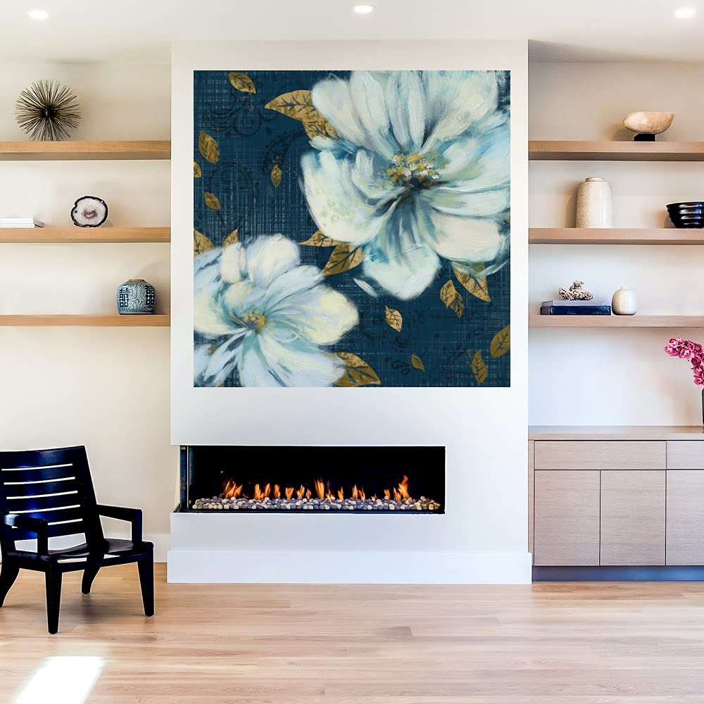 Heather Hayes Navy & Gold Garden Fine Art Canvas Wall Decor - 22x22 Inch Ready to Hang Painting for Living Room, Bedroom, Office - Elegant Home & Office Decor