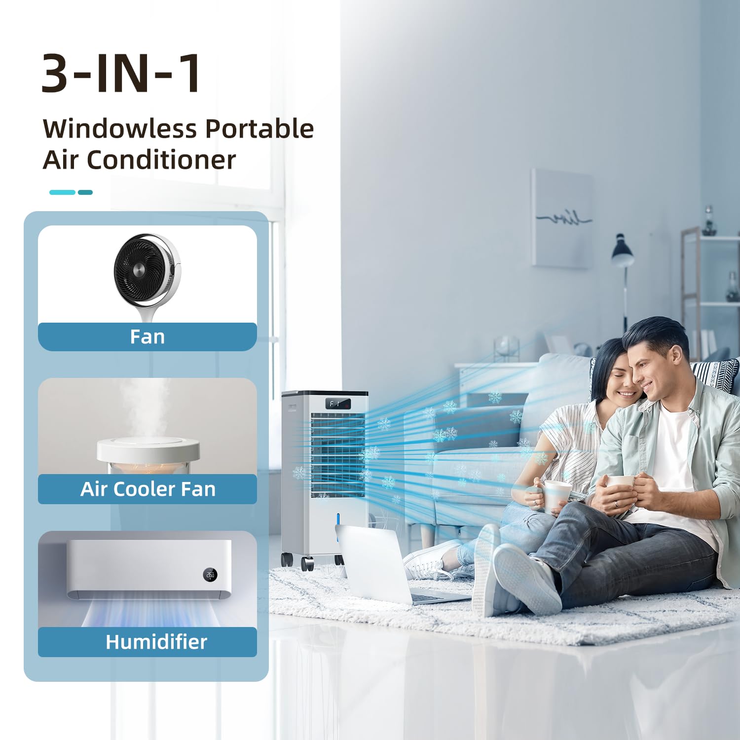 Portable Air Conditioner 3-in-1 Evaporative Swamp Cooler - Windowless AC Unit with 4 Modes, 3 Speeds, 12H Timer, Child Lock & Smart Remote - Touch Control Portable Air Cooler for Bedroom, Office, Living Room & Indoor Use - Perfect for Summer Cooling & Home Comfort