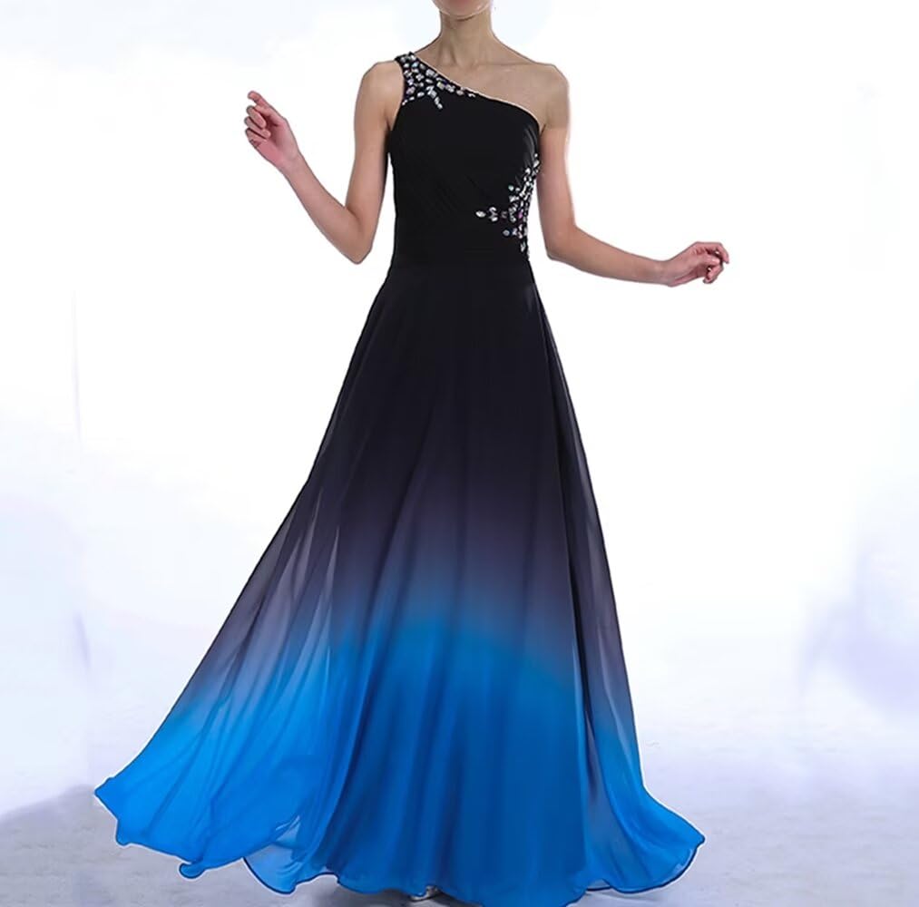 Elegant One Shoulder Ombre Evening Prom Dress for Women - Long Chiffon Bridesmaid Gown for Weddings, Formal Parties & Special Occasions | Perfect for Homecoming, Prom Night & Black Tie Events