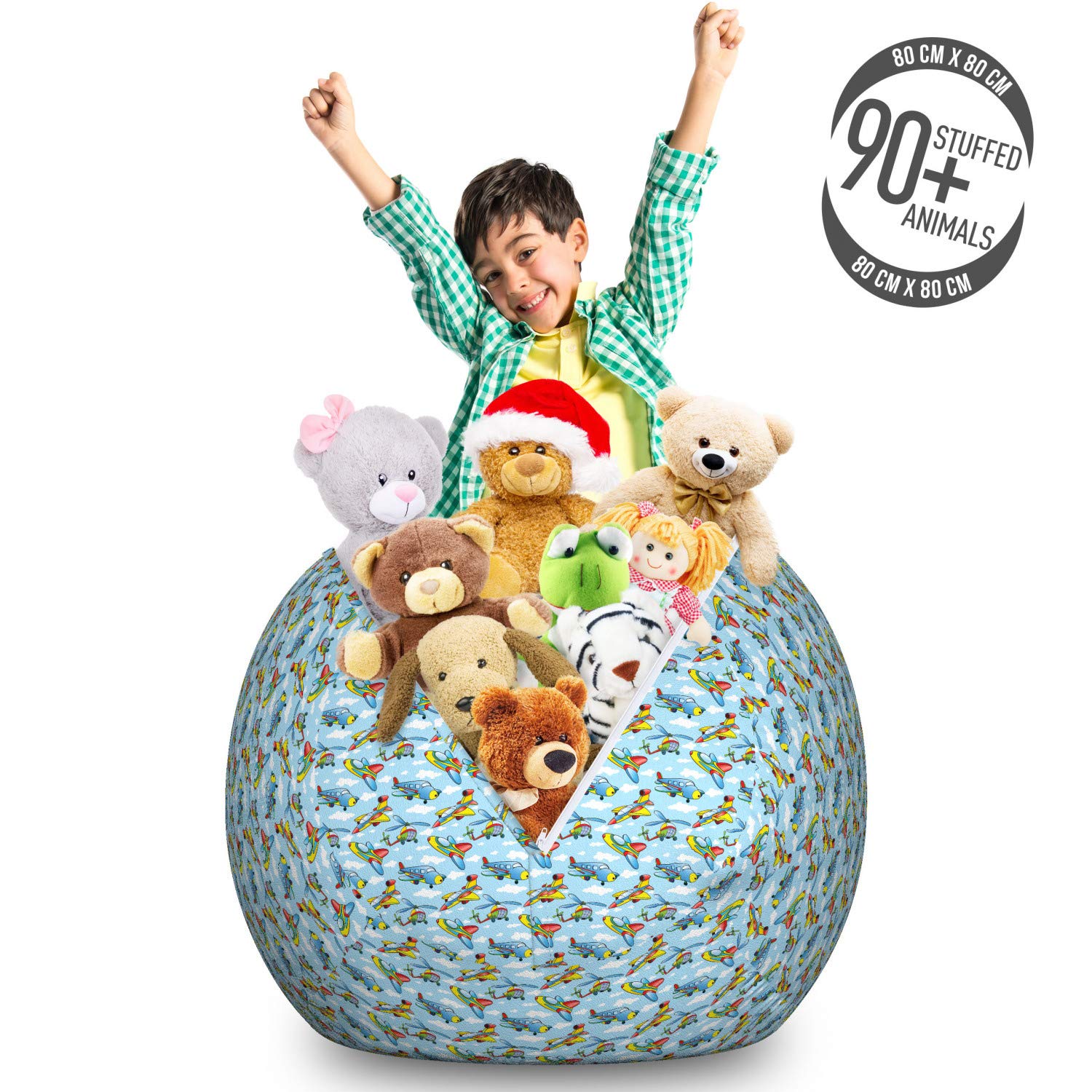 Ambesonne Airplane Toy Storage Bag Chair - Cartoon Planes & Helicopters in Clouds Design - Large Washable Stuffed Animal Organizer (Yellow & Blue) for Kids' Room, Playroom & Nursery Organization