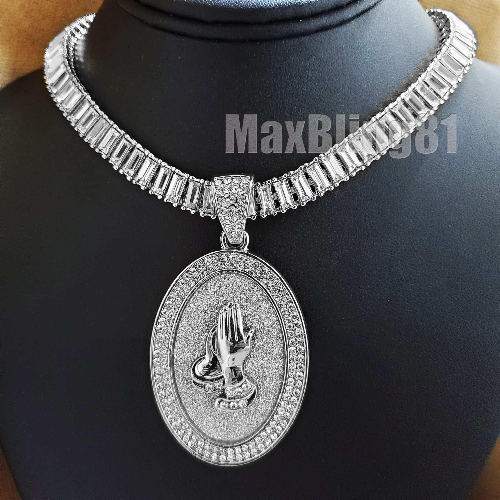 White Gold Plated Praying Hands Oval Pendant with 10mm Iced Baguette Chain Necklace - 18