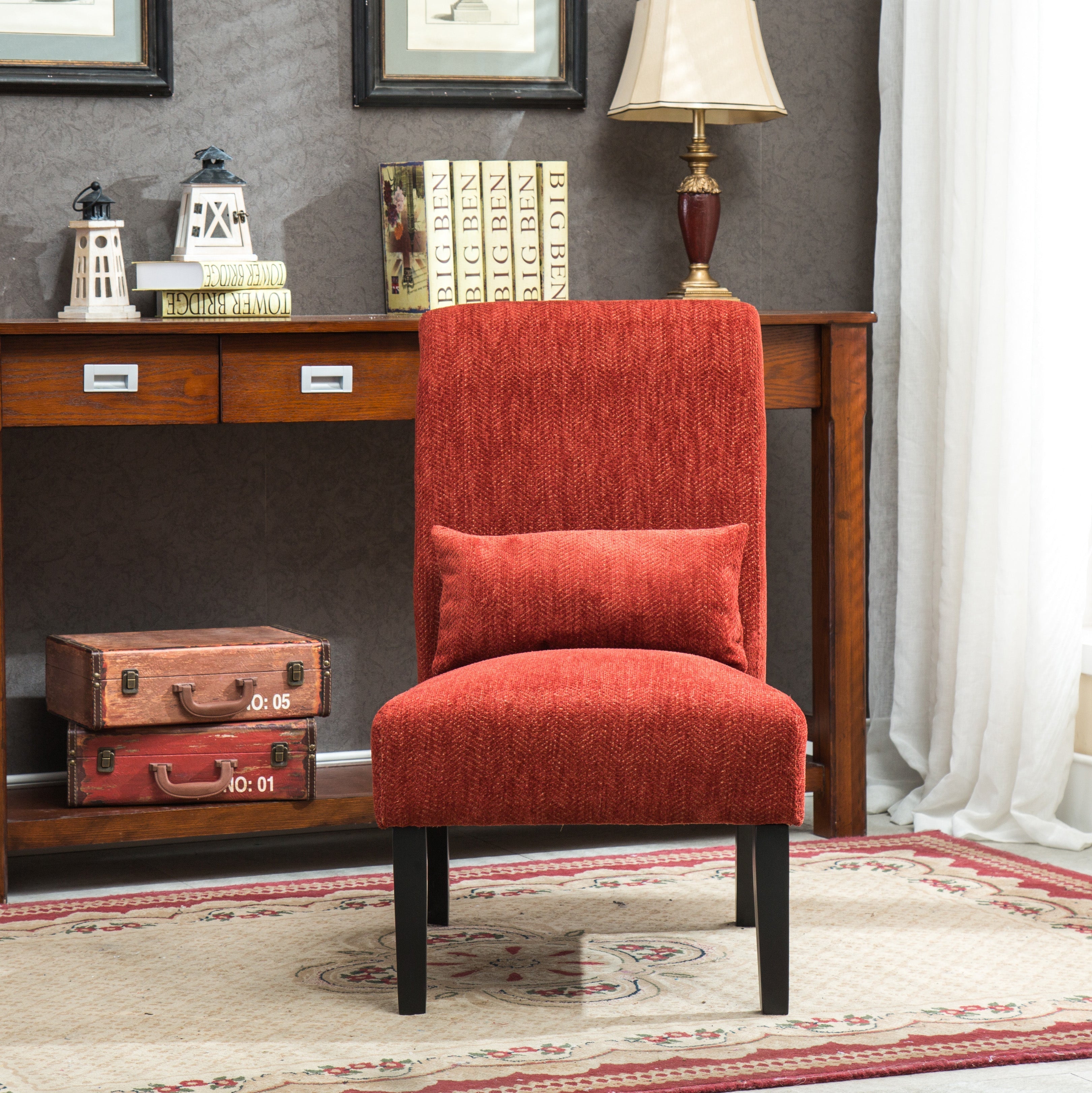 Roundhill Furniture Pisano Chenille Fabric Armless Contemporary Accent Chair with Matching Kidney Pillow - Modern Living Room Seating for Small Spaces, Home Office & Reading Nook