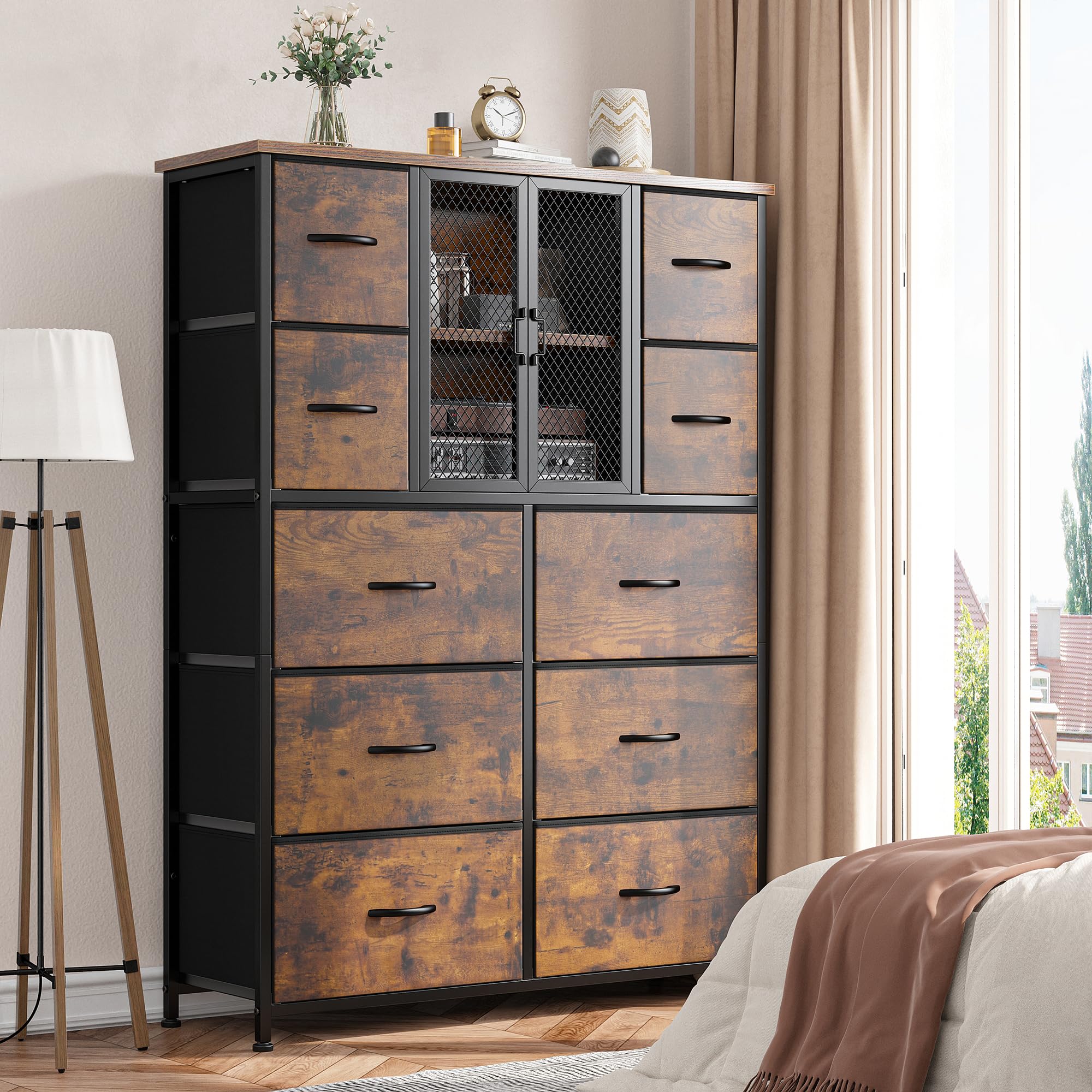 Rustic Brown Tall Dresser with 10 Fabric Drawers - Wood Top & Metal Frame Bedroom Storage Organizer for Closet or Entryway (48.1