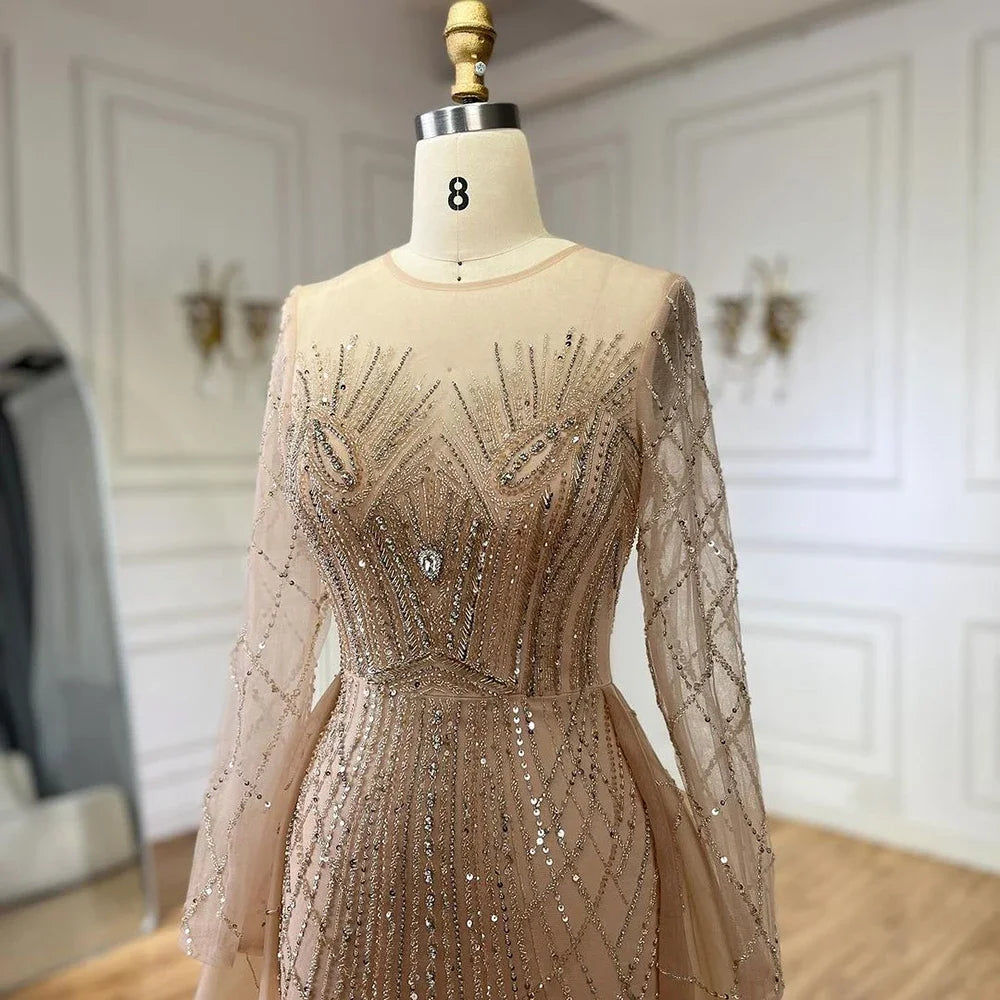Serene Hill Muslim Beige Elegant Overskirt Mermaid Luxury Beaded Gold Evening Dresses Gowns 2025 For Women - Perfect for Weddings, Prom, Gala & Formal Events