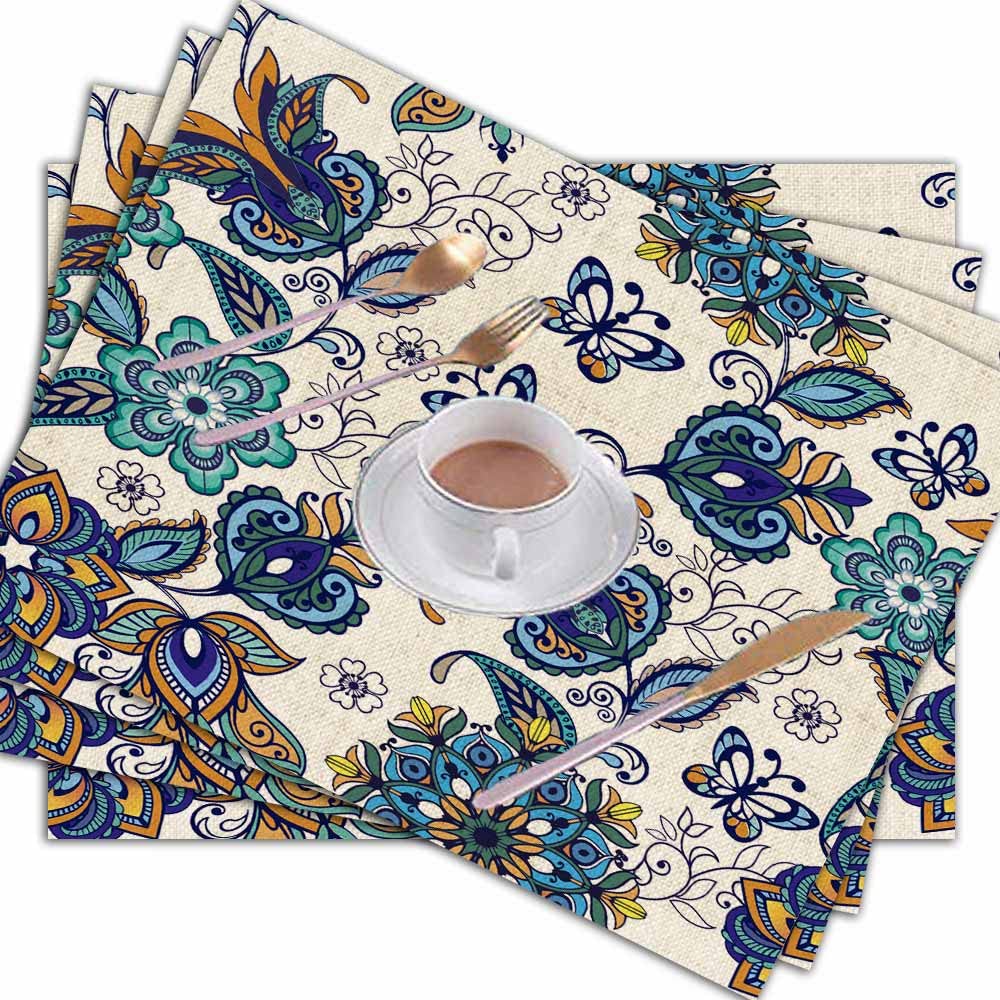 Luxury Floral Placemats Set of 4 - Premium Linen Rectangular Table Mats 18x12 Inch - Elegant Dining Room Decor for Kitchen, Dinner Party & Home Entertaining