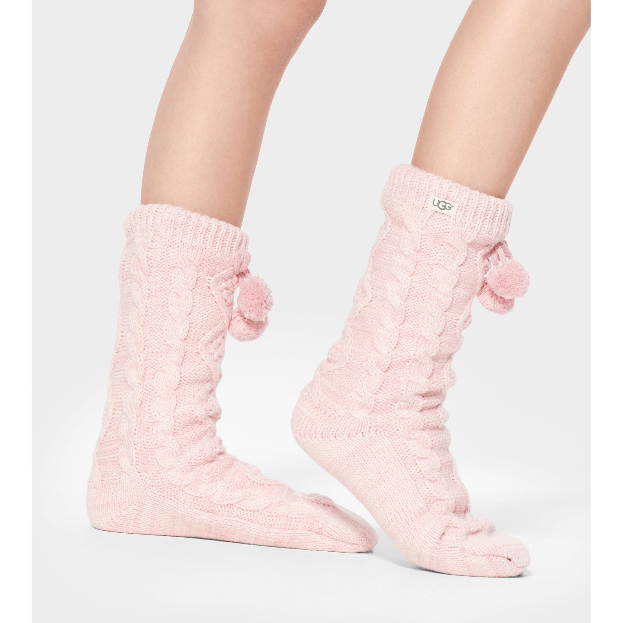 UGG Women's Fleece Lined Crew Socks with Pom Poms - Soft Warm Winter Socks in Seashell Pink for Cozy Home & Outdoor Activities