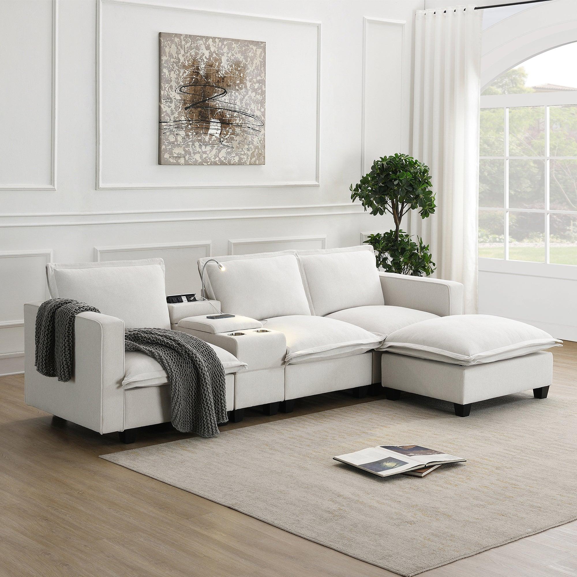 Modern 4-Seat Chenille Modular Sectional Sofa with Console, USB Charging Port, Reading Light & Cup Holders - Cloud Couch for Living Room & Apartment (2 Colors) - Perfect for Family Gatherings, Movie Nights & Relaxing