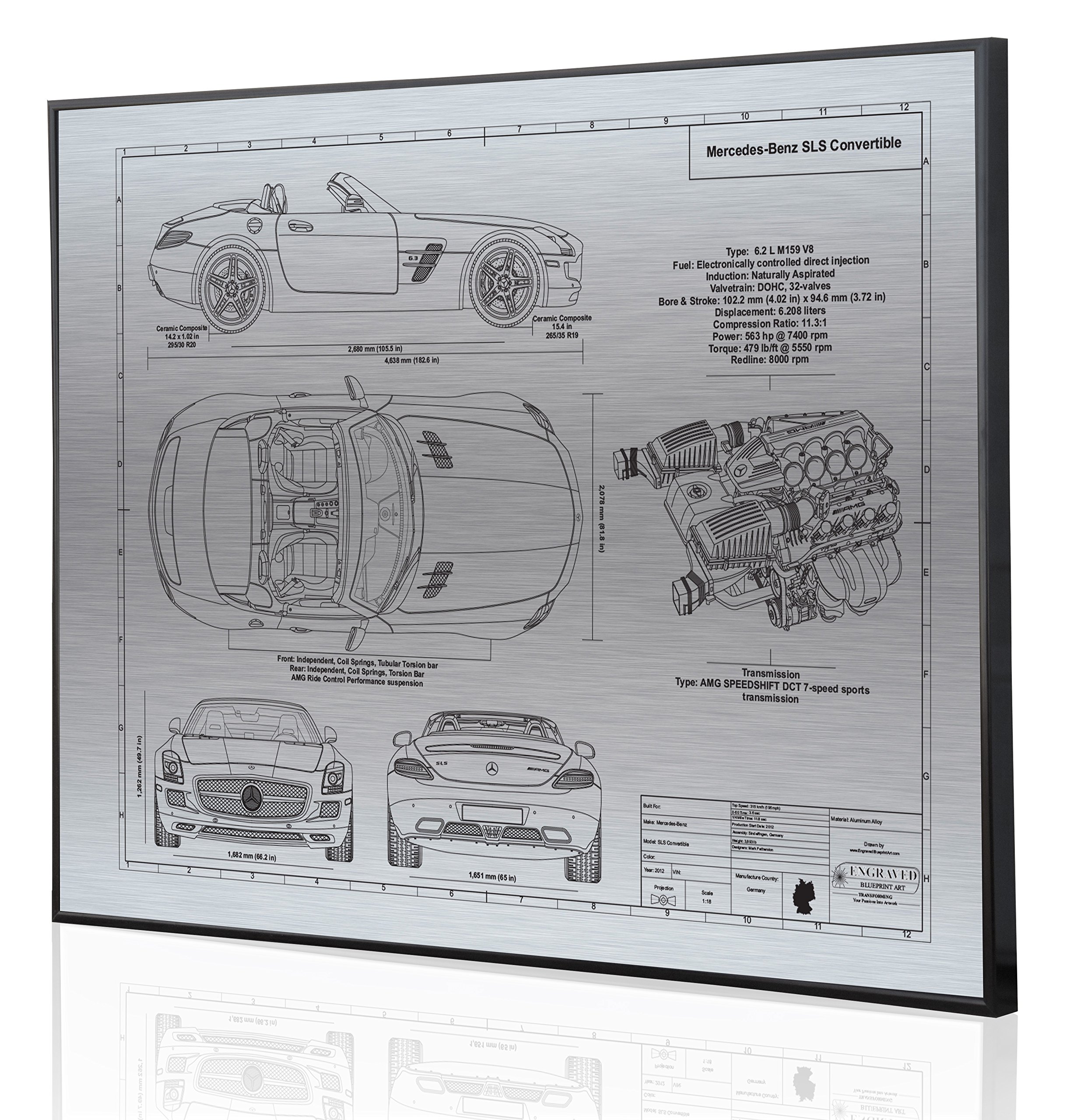 Mercedes-Benz SLS Convertible Blueprint Art Print - Laser Engraved Personalized Car Gift for Men - Home Office Wall Decor & Auto Enthusiast Present