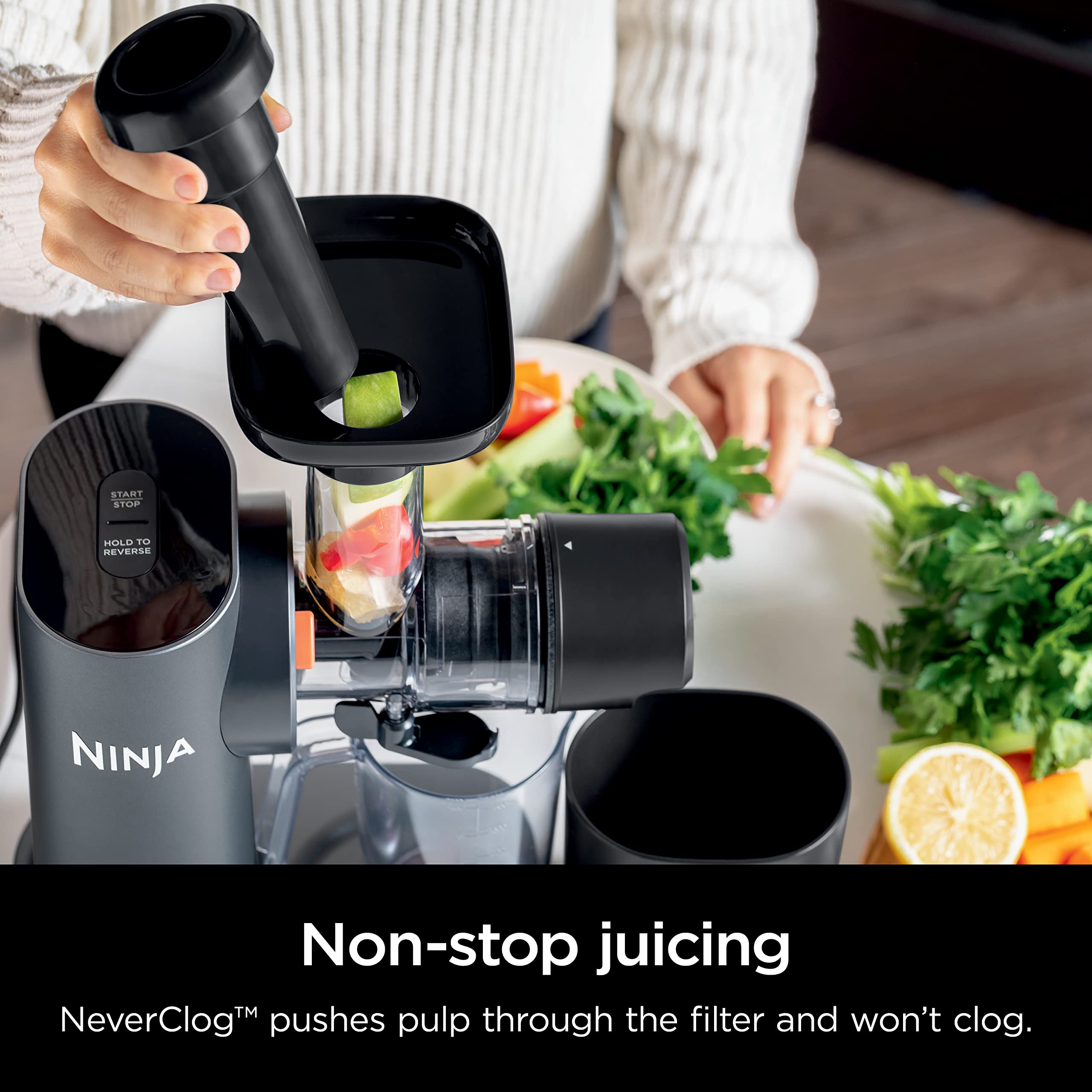 Ninja JC151 NeverClog Cold Press Juicer - Powerful Slow Masticating Juicer with Adjustable Pulp Control, Quiet Countertop Electric Juicer for Fruits & Vegetables, 2 Pulp Settings, Dishwasher Safe, 2nd Gen Charcoal - Perfect for Healthy Juicing, Detox & Weight Loss at Home