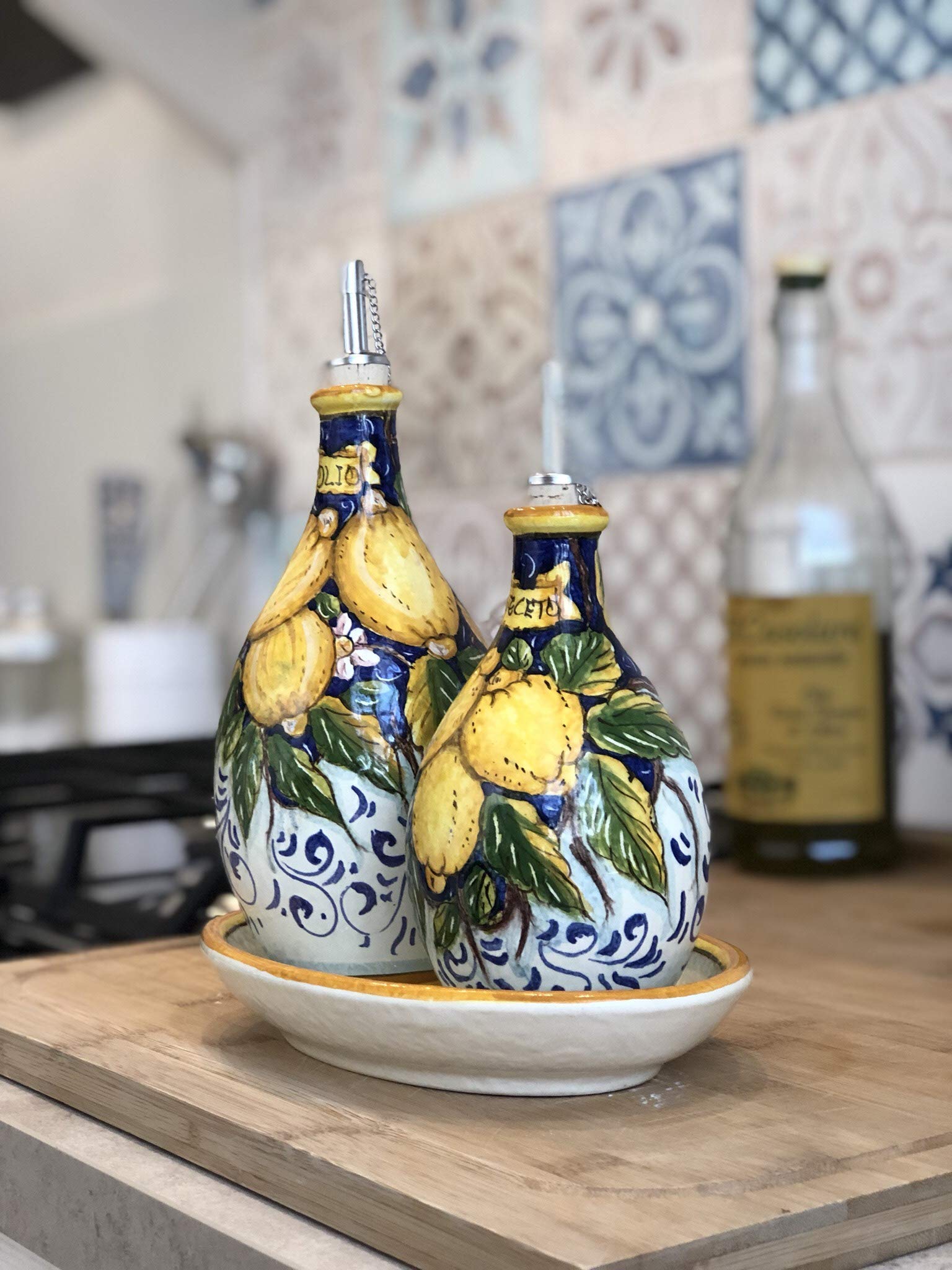 Italian Hand-Painted Ceramic Oil & Vinegar Cruet Set - Tuscan Lemon Decor, Artisanal Pottery from Italy | Perfect for Kitchen, Dining Table & Gift Giving