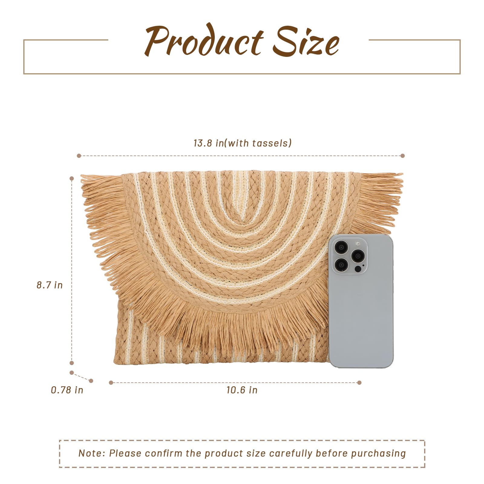 Stylish Women's Woven Straw Clutch Purse with Fringe - Summer Beach Bag for Women - Boho Envelope Handbag for Vacation, Wedding, Pool Party & Outdoor Events
