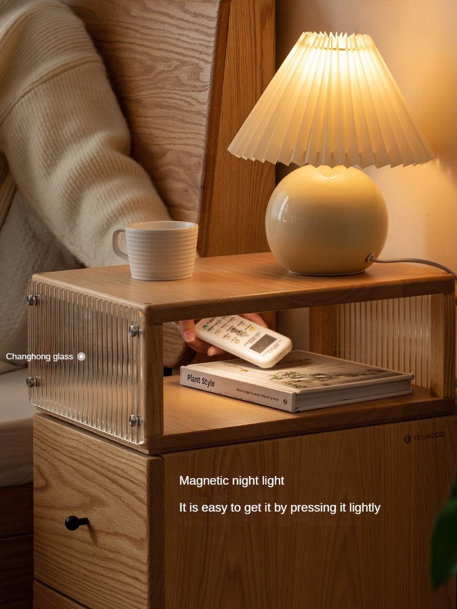 Solid Oak Wood Nightstand with Wheels and Built-in Light - Narrow Bedside Table for Small Spaces - Perfect for Bedrooms, Dorms, and Apartments