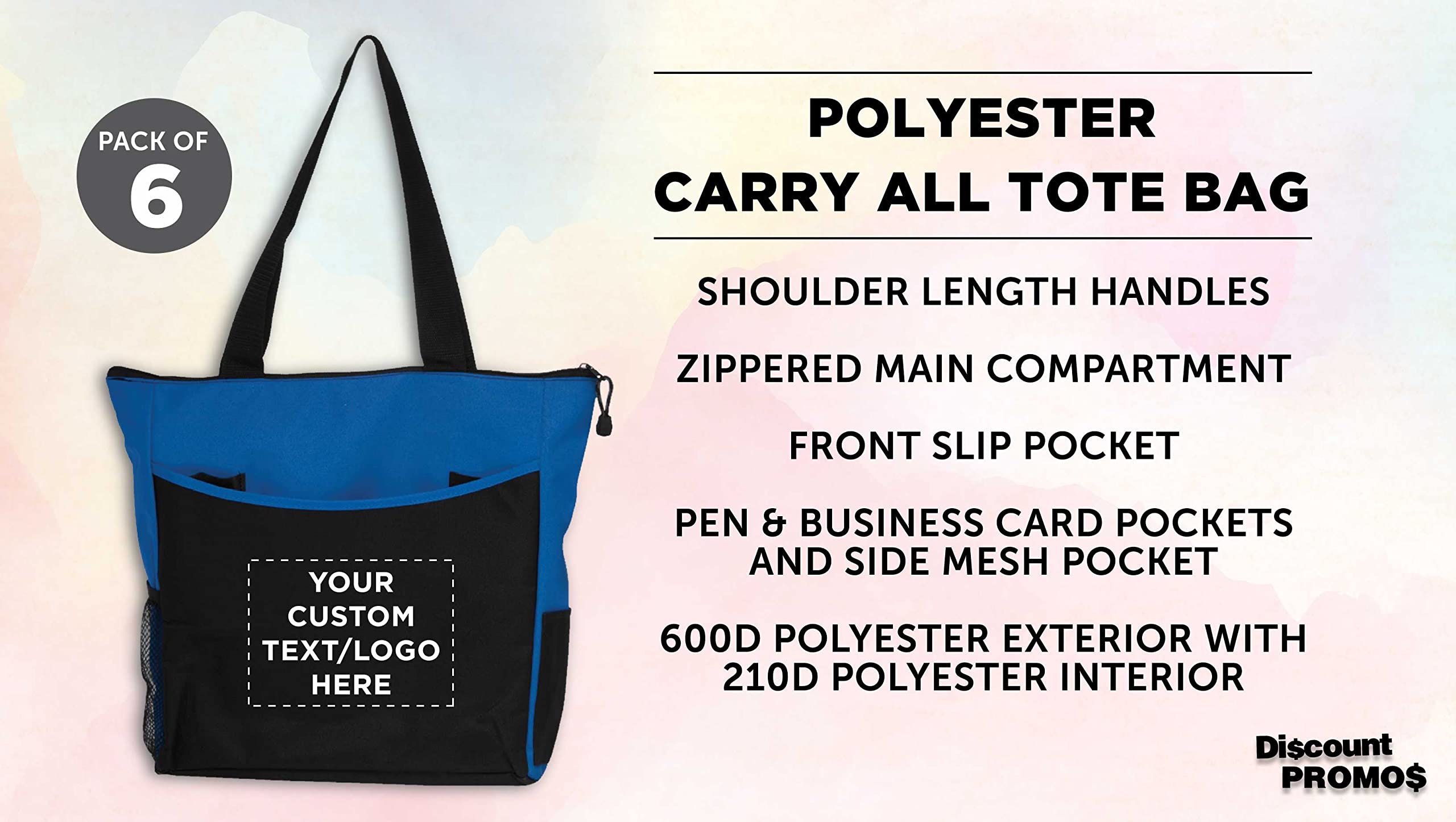 Custom Personalized Beach Tote Bags with Mesh Pockets - Set of 6 Reusable Bulk Pack - Perfect for Picnic, Camping, Beach & Outdoor Activities - Blue | Great for Summer Vacations, Pool Parties and Family Outings