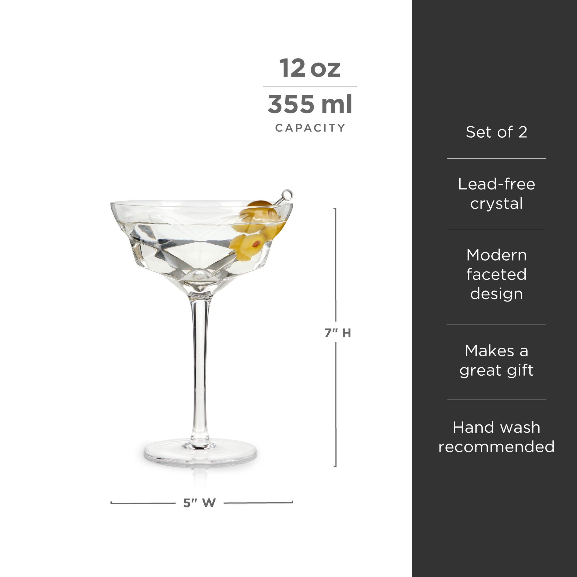 Seneca Faceted Crystal Martini Glasses Set of 2 - Elegant Cocktail Drinking Glasses for Parties, Weddings & Home Bar Decor