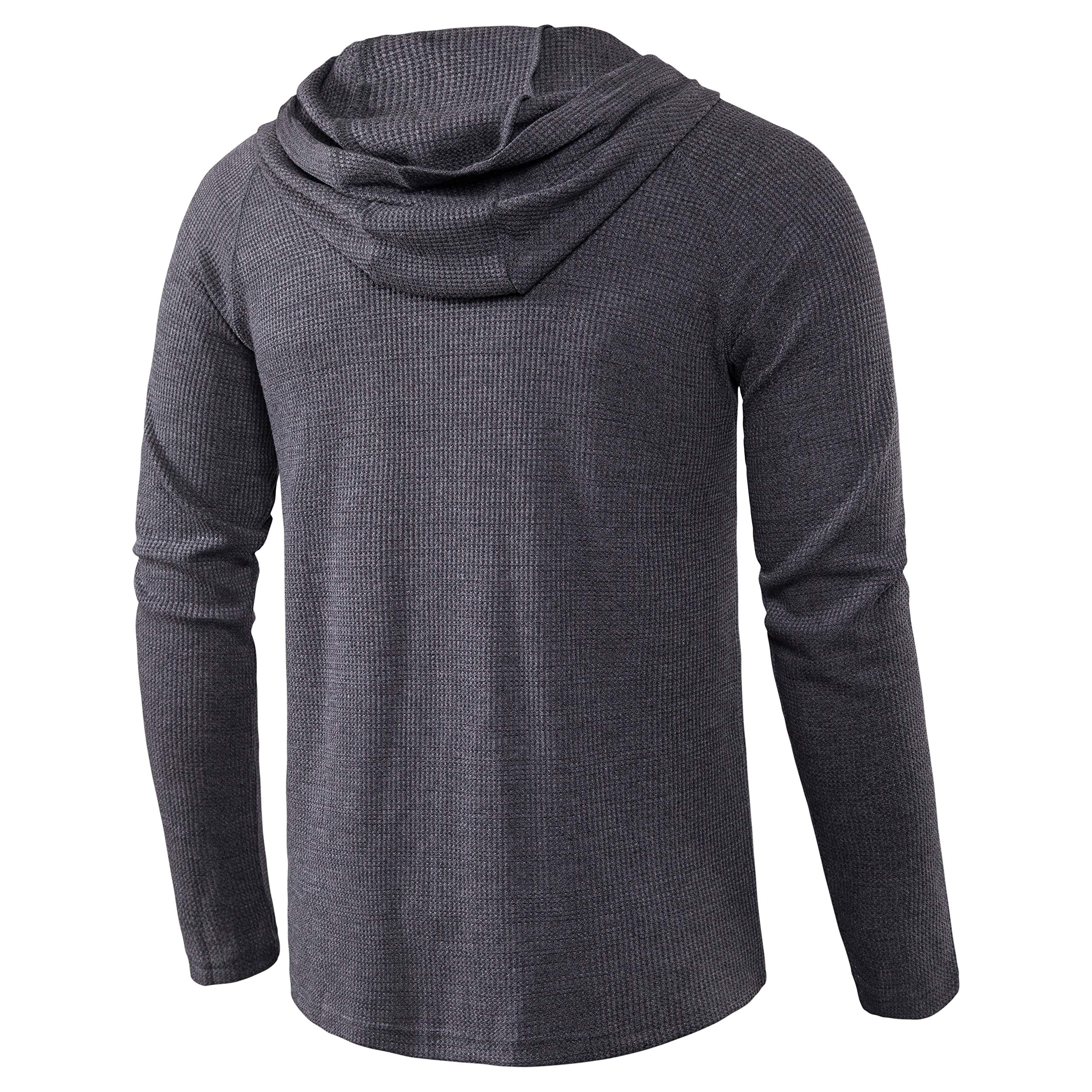 Men's Lightweight Solid Color Pullover Hoodie - Long Sleeve Waffle-Knit Henley Shirt for Casual Wear, Outdoor Activities & Lounge Comfort