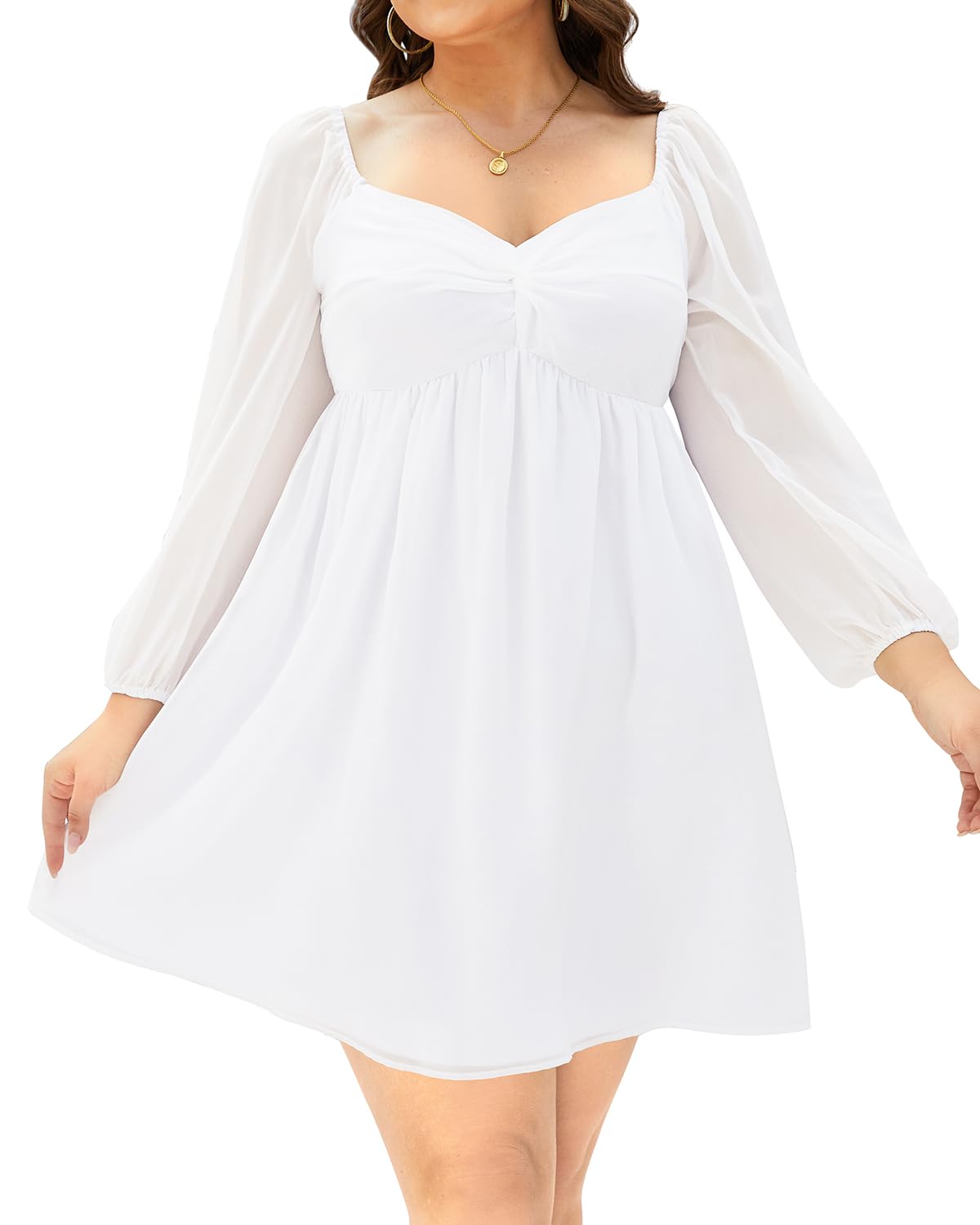 Plus Size Sweetheart Neckline Chiffon Dress with Puff Long Sleeves - Elegant A-Line Mini Dress for Women | Summer Party, Cocktail, Date Night & Special Occasions