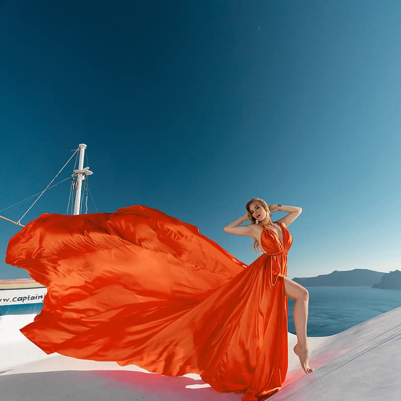Elegant Long Flying Dress for Photoshoot - Flowy Satin Gown with Train | Perfect for Santorini Photo Shoots, Beach Weddings & Boho Styled Bridal Sessions