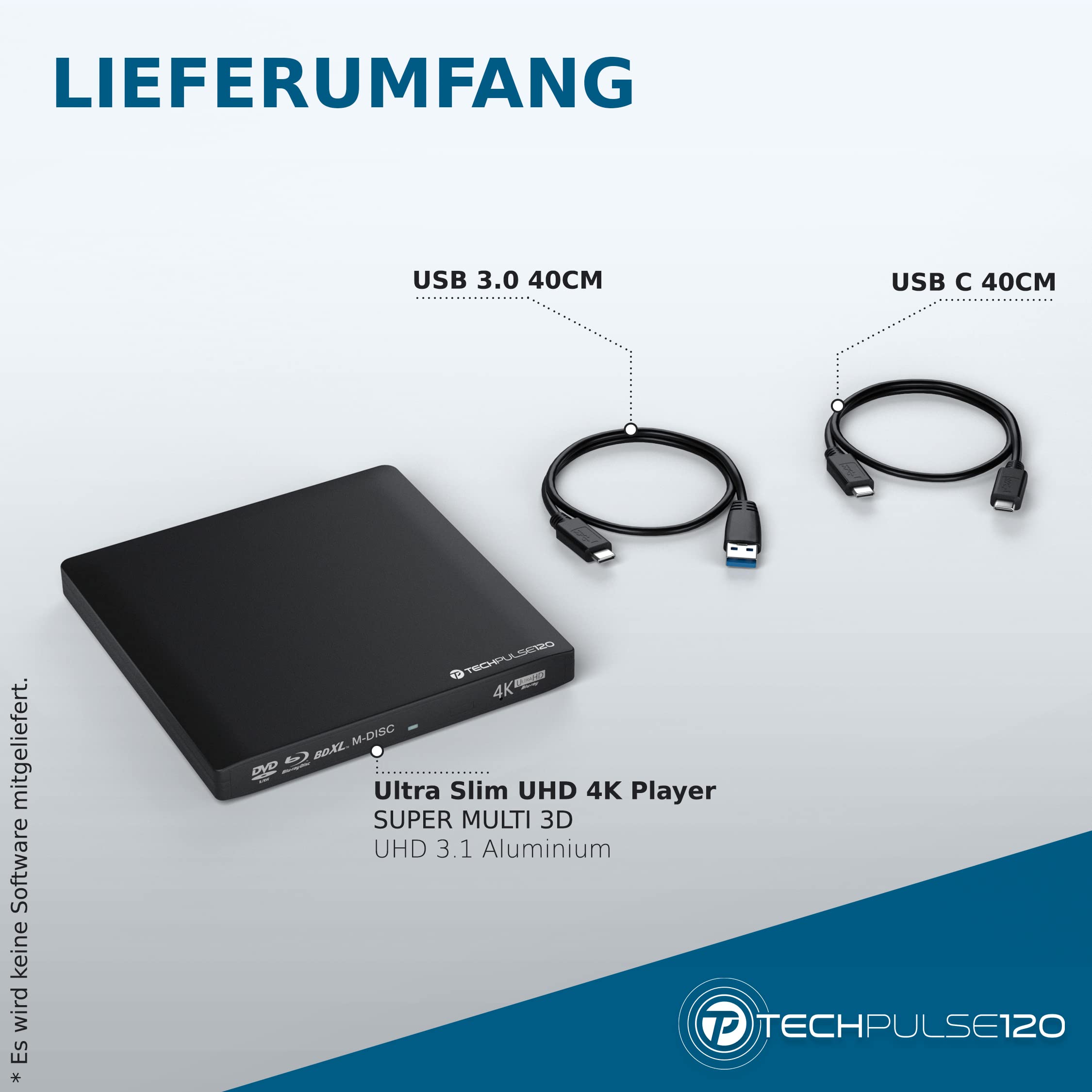 techPulse120 USB 3.1 Type-C External UHD HDR 4K 3D Blu-ray Burner Drive - Supports BDXL, M-Disc, DVD & CD - Compatible with Windows/Mac, PC, Laptop, iMac (Aluminum Black) - Perfect for Home Theater, Media Backup & Professional Video Editing