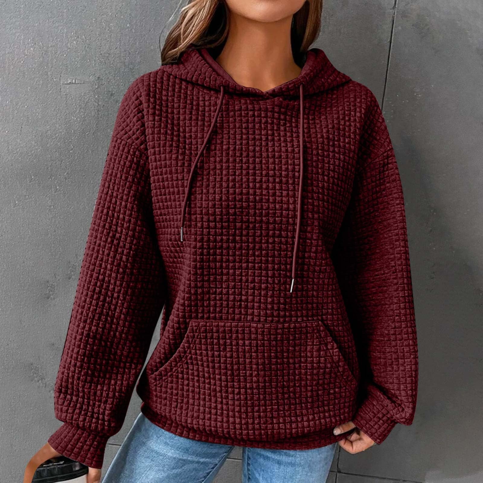 Women's Waffle Knit Hoodie 2024 - Cozy Fall Pullover with Drawstring & Pocket | Casual Long Sleeve Sweatshirt for Autumn Outings, Coffee Dates & Weekend Errands