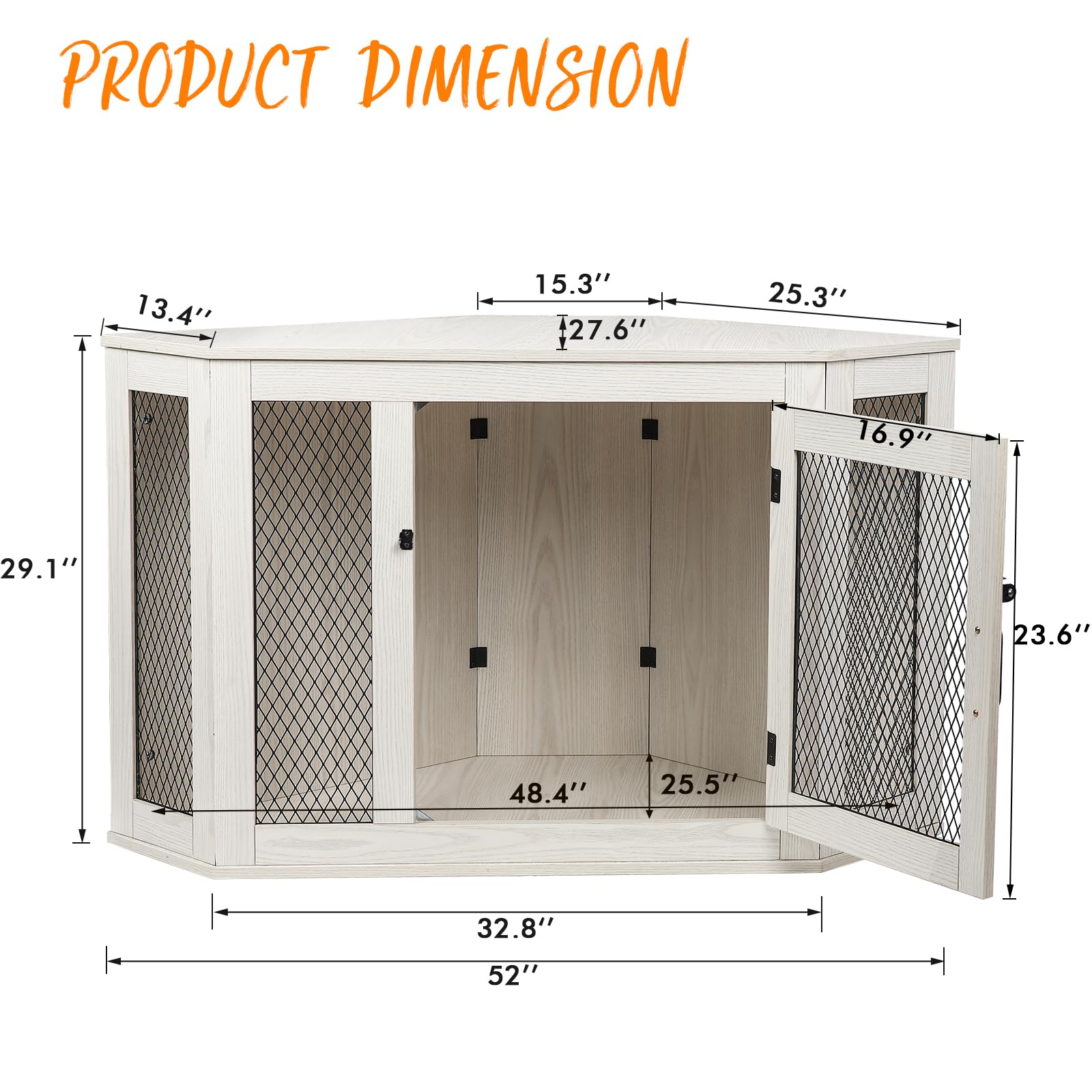 PUKAMI 44/52 Inch Wooden Dog Crate Furniture with Mesh - Decorative Dog Kennel for Small Medium Large Dogs - Indoor Pet House for Living Room Bedroom Office Space Saving Design