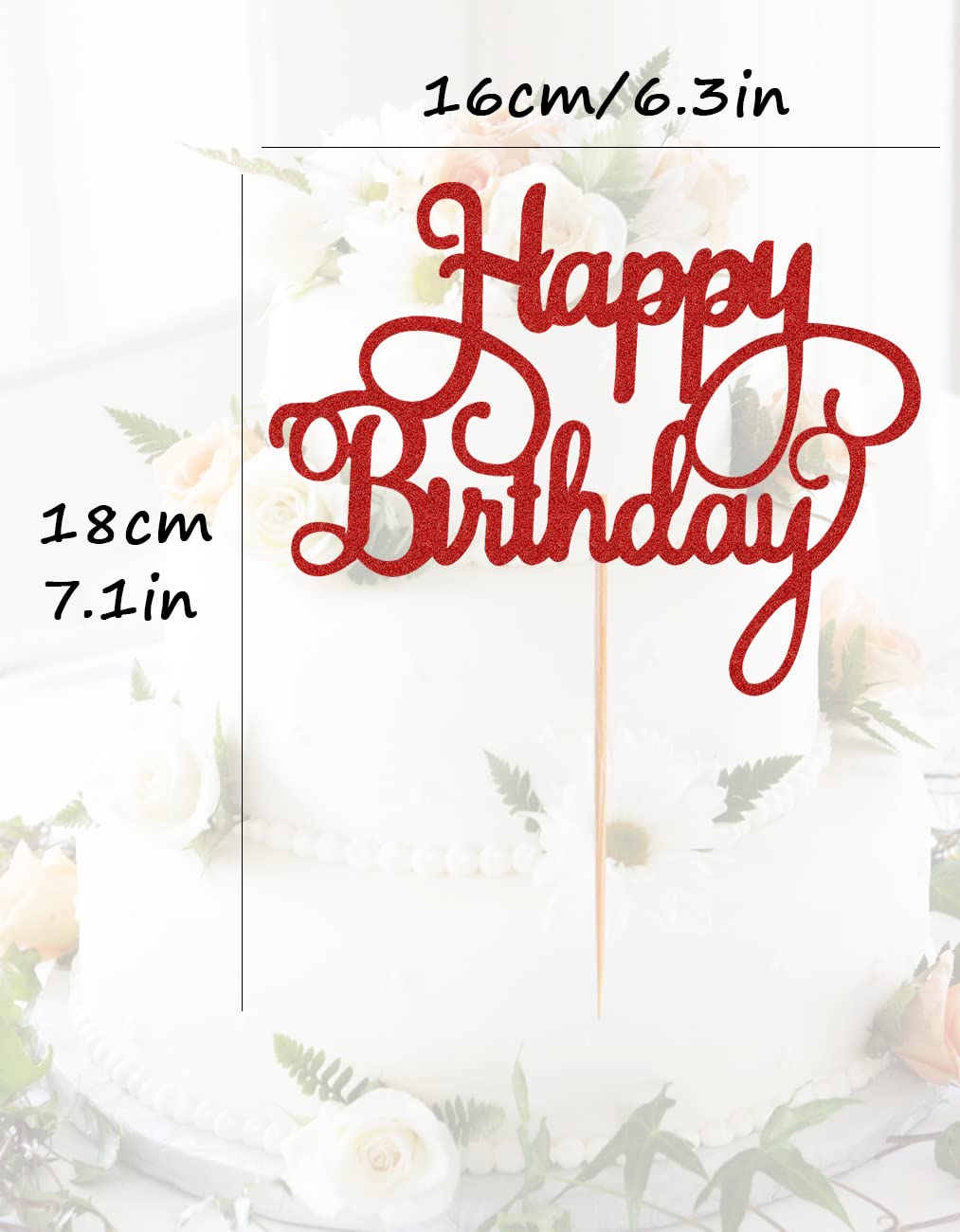 Red Glitter Happy Birthday Cake Topper & Bunting Decor - Anniversary Party Cake Decoration Supplies - Photo Booth Props for Birthday Cakes, Wedding Anniversaries & Special Celebrations