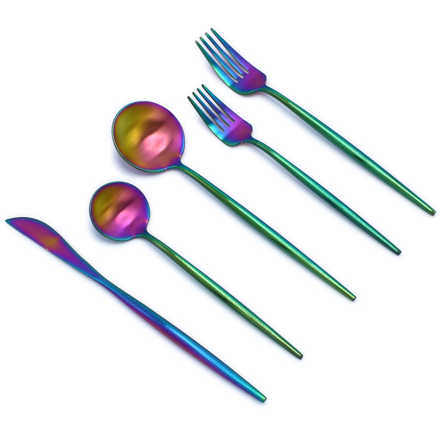 Elyon Tableware® 20-Piece Rainbow Flatware Set - 18/10 Stainless Steel Silverware with Thin Matte Handles & Rainbow Finish - Reusable Cutlery Set for 4 - Perfect for Dinner Parties, Weddings, and Everyday Dining