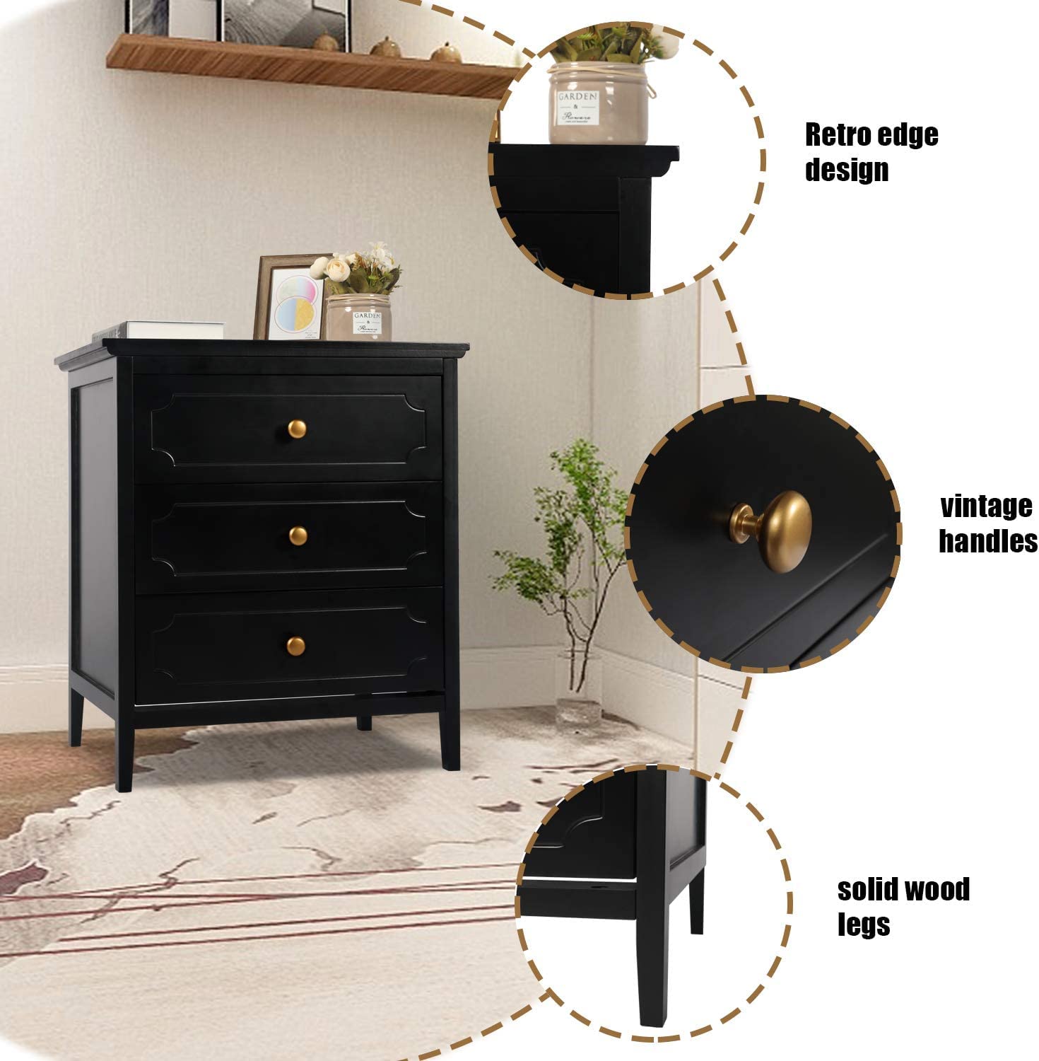 YIGOBUY 19 Inch Black Nightstand with 3 Drawers - Wooden Bedside Table with Storage for Bedroom, Living Room - Modern End Table with Black Finish (Set of 2) - Perfect for Small Spaces, Apartment Furniture & Guest Room Decor