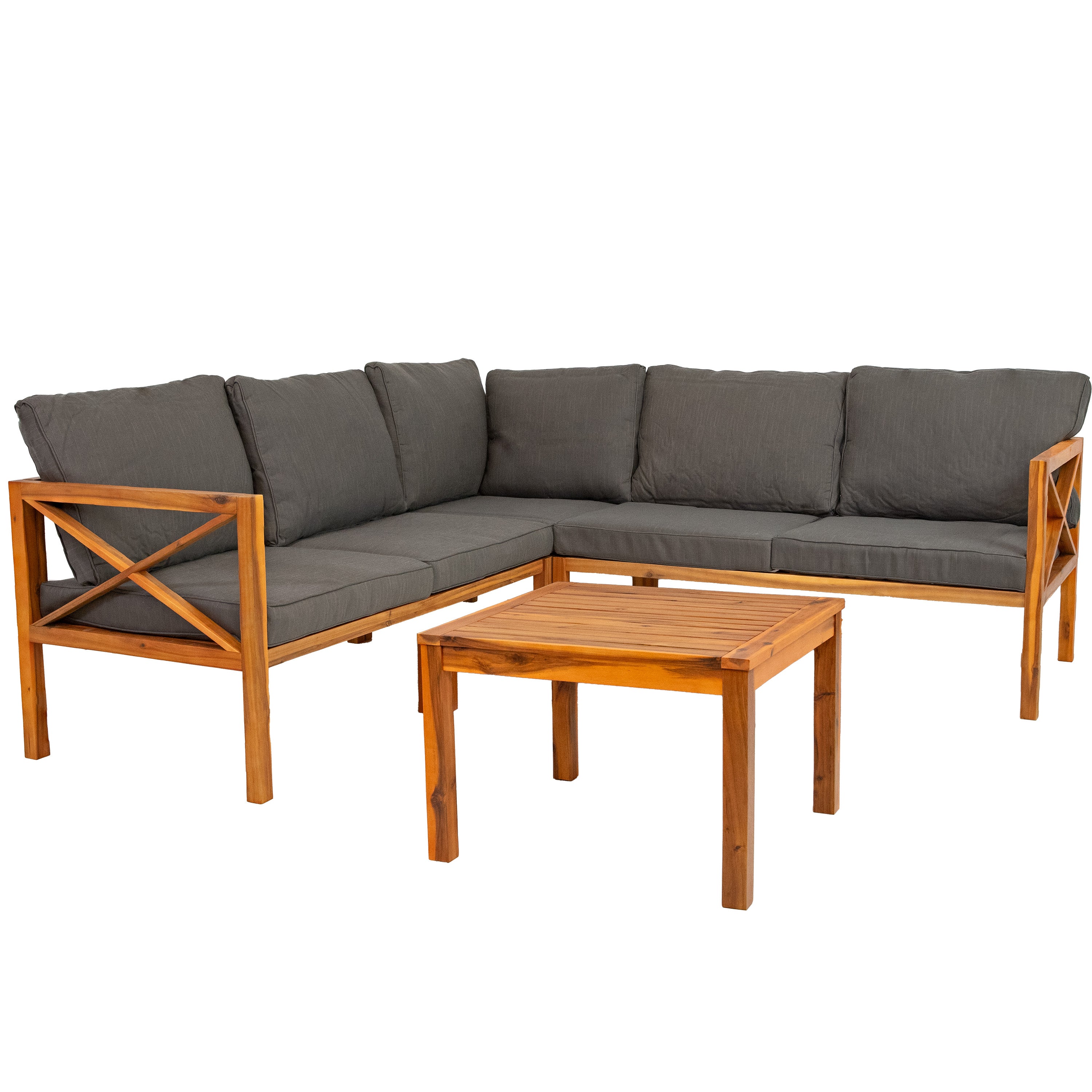 Sunnydaze 4-Piece Wood Patio Furniture Set – L-Shaped Outdoor Sofa with Cushions, Perfect for Backyard, Garden, and Poolside Relaxation