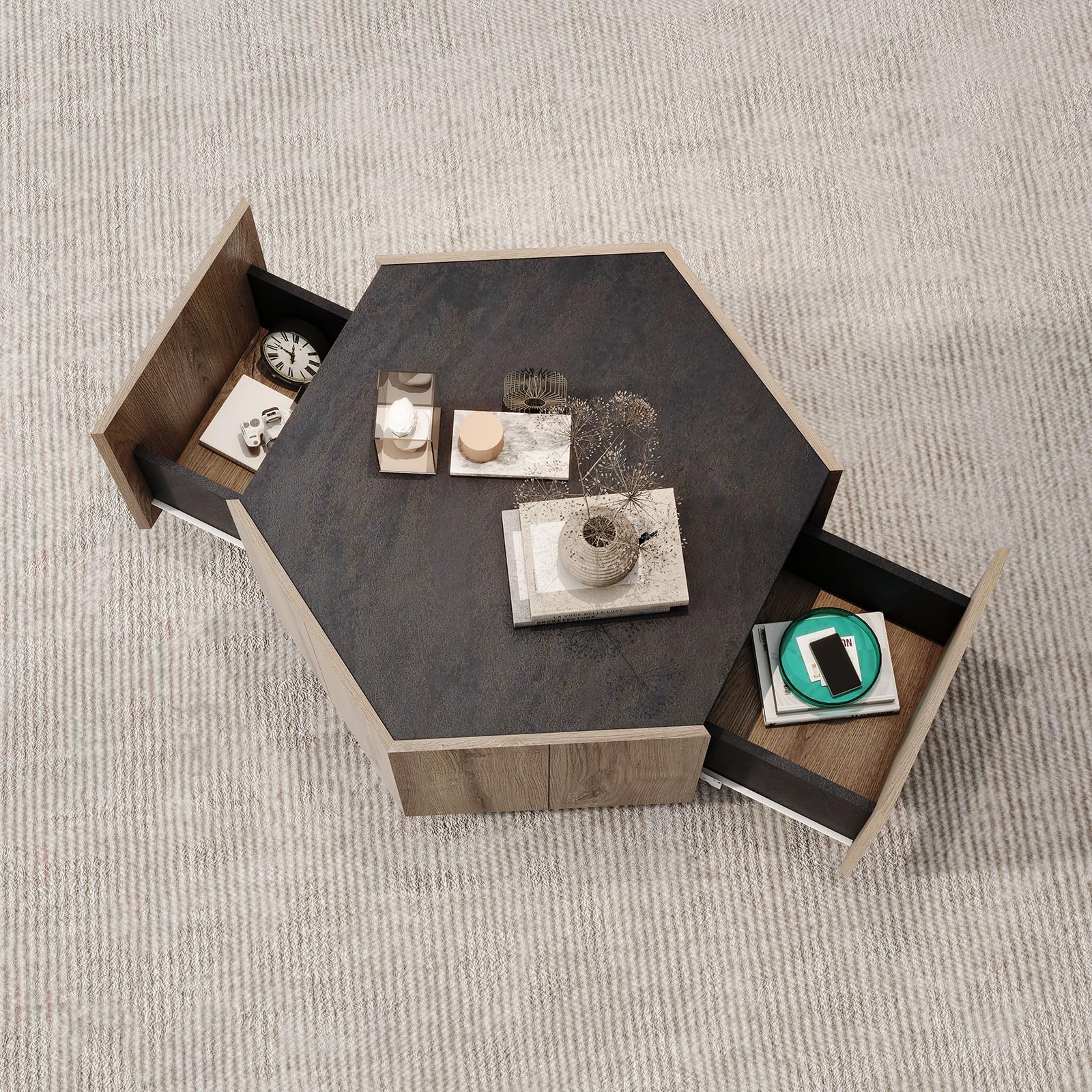 Hexagonal Nesting Coffee Table Set of 2 with Storage Drawers - Farmhouse & Industrial Style for Living Room Bedroom
