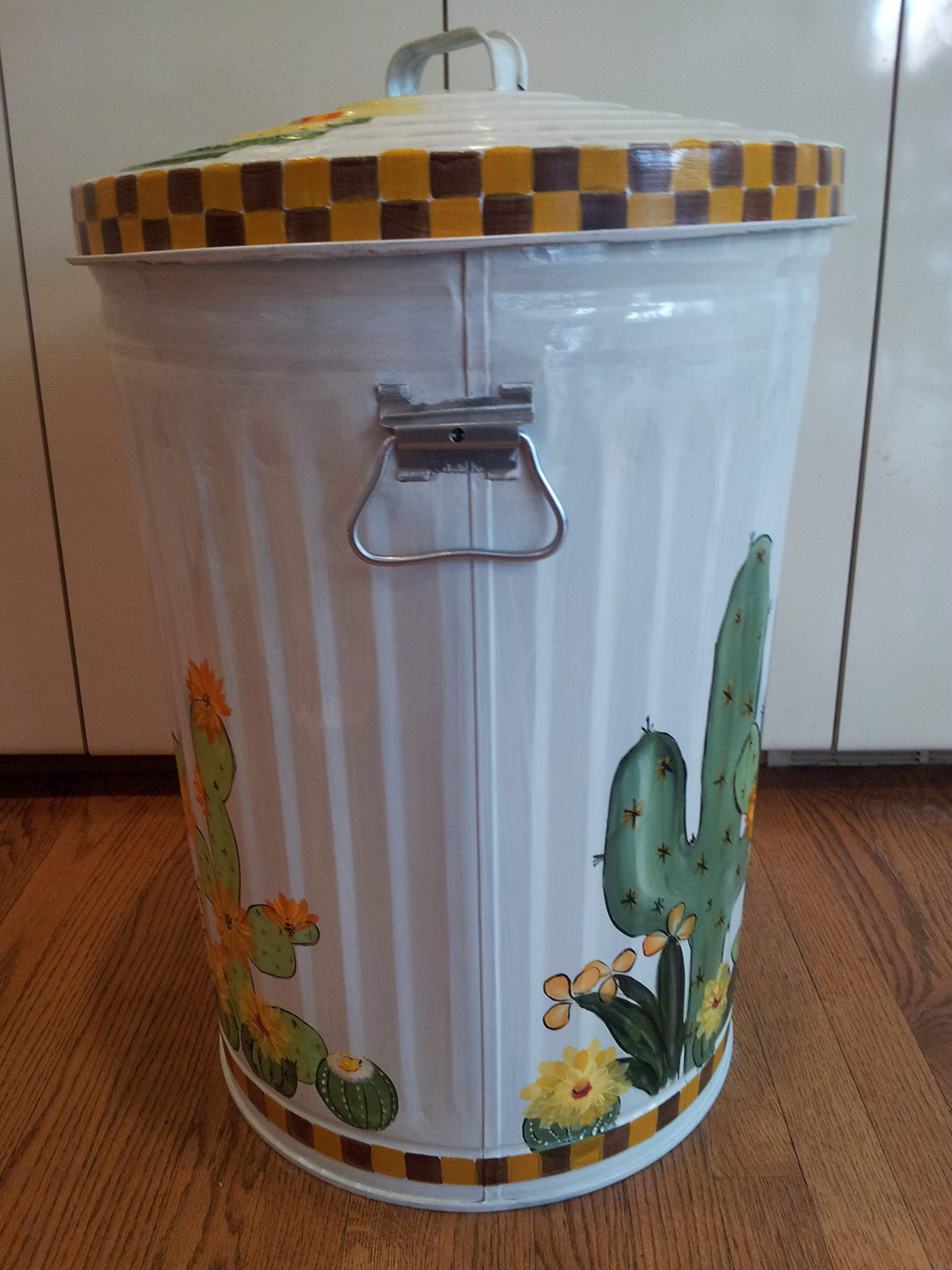 20 Gallon Hand Painted Galvanized Steel Trash Can with Lid - Durable Outdoor Garbage Bin for Patio, Garden, and Home Use