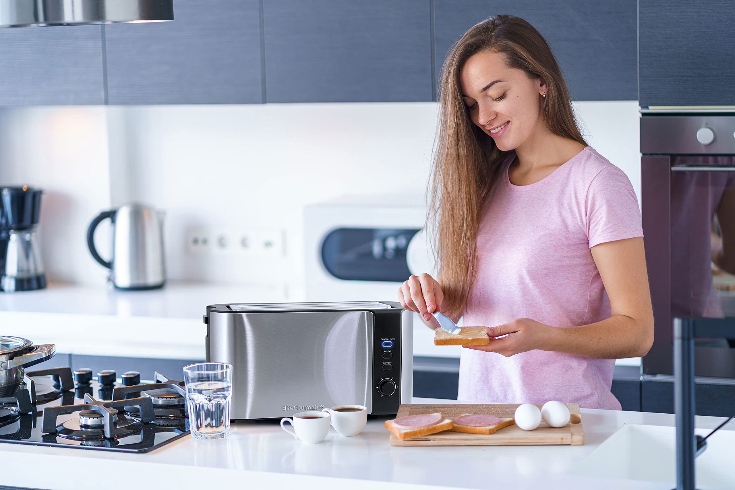 Elite Gourmet ECT-3100 4-Slice Toaster with Extra Wide Slots - 6 Toast Settings, Defrost, Reheat & Cancel Functions - Built-in Warming Rack for Bagels, Waffles & Bread - Stainless Steel & Black Design - Perfect for Breakfast, Brunch & Family Gatherings
