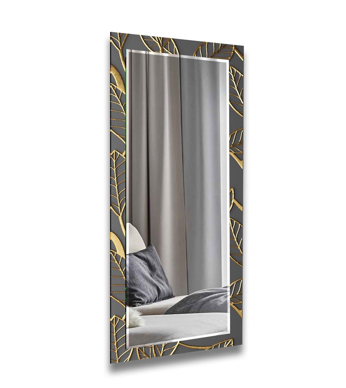Abstract Grey Golden Leaves Wall Mirror - Elegant Decorative Mirror for Living Room, Bedroom & Entryway - Perfect for Home Decor & Interior Design