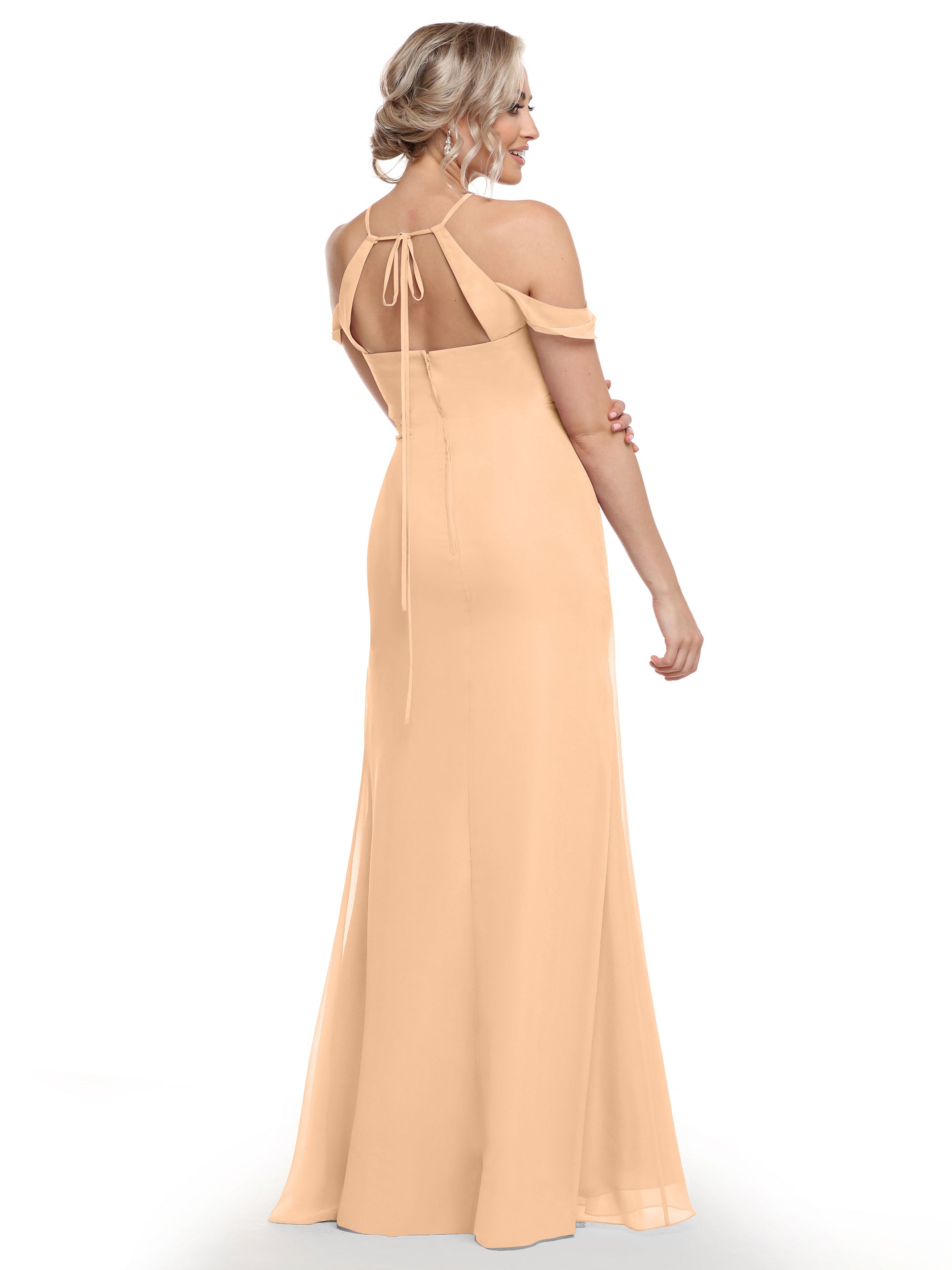 Elegant Off The Shoulder Chiffon Bridesmaid Dress with Halter Neckline - Perfect for Weddings, Formal Events & Special Occasions