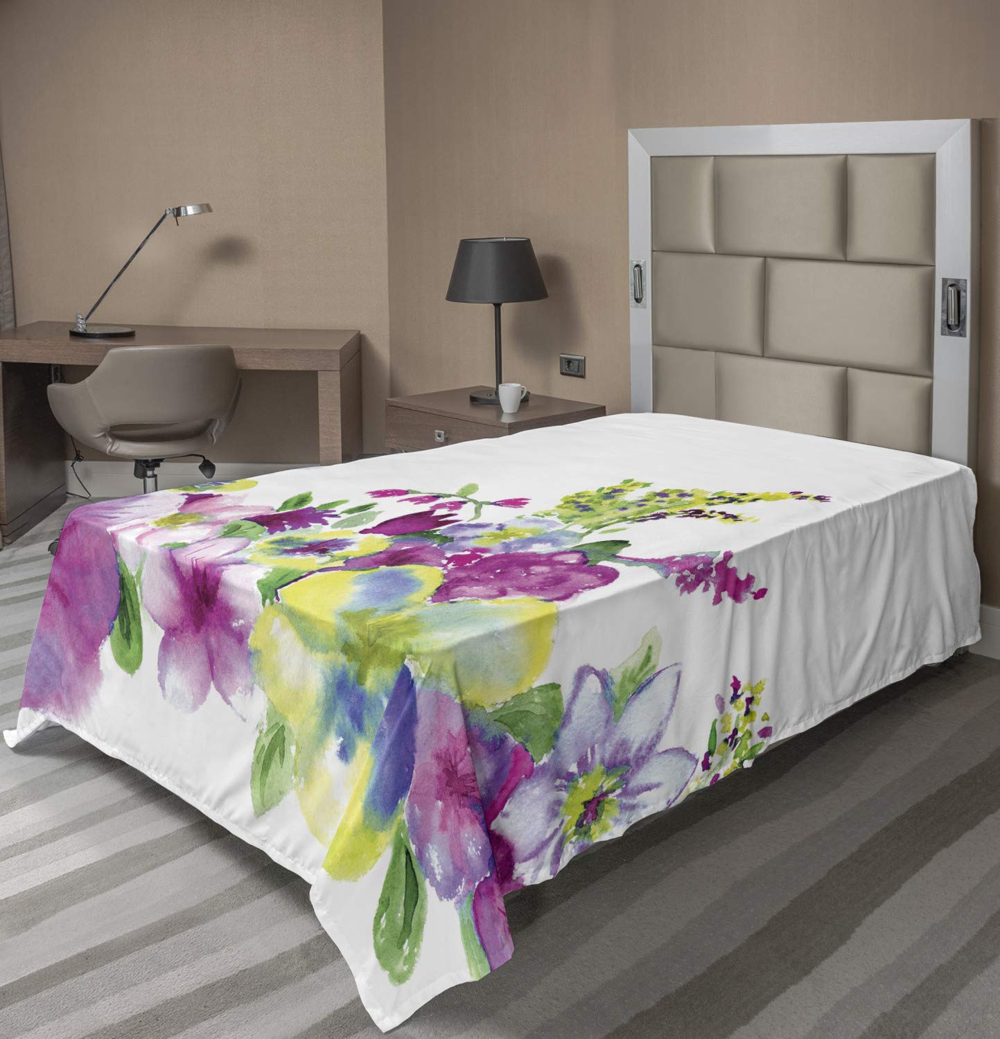 Ambesonne Watercolor Flower Flat Sheet - Twin Size, Soft & Comfortable Abstract Art Bedding in Pink & Green | Perfect for Home Decor, Guest Rooms & Cozy Bedroom Makeovers