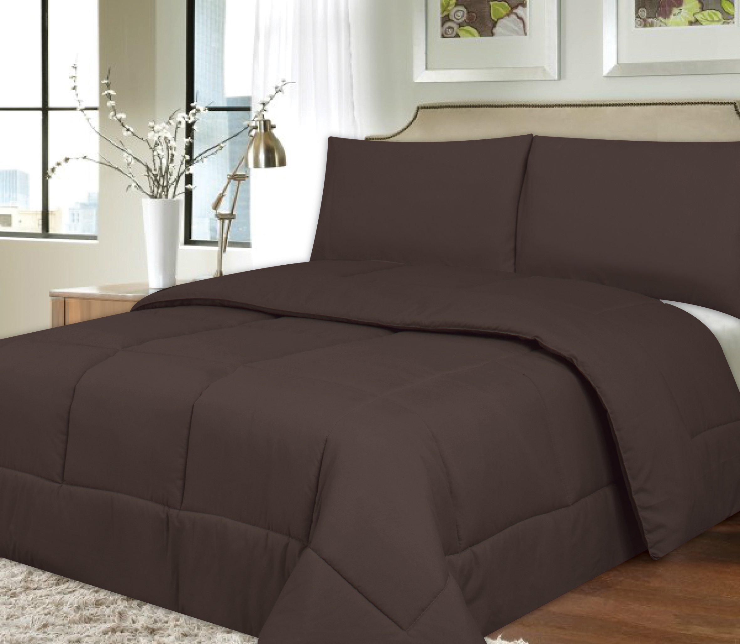 Sweet Home Collection Down Alternative Polyester Comforter - Hypoallergenic Box Stitch Microfiber Bedding Set for All Seasons, Twin Size, Brown | Perfect for Guest Rooms, Dormitories & Cozy Bedrooms